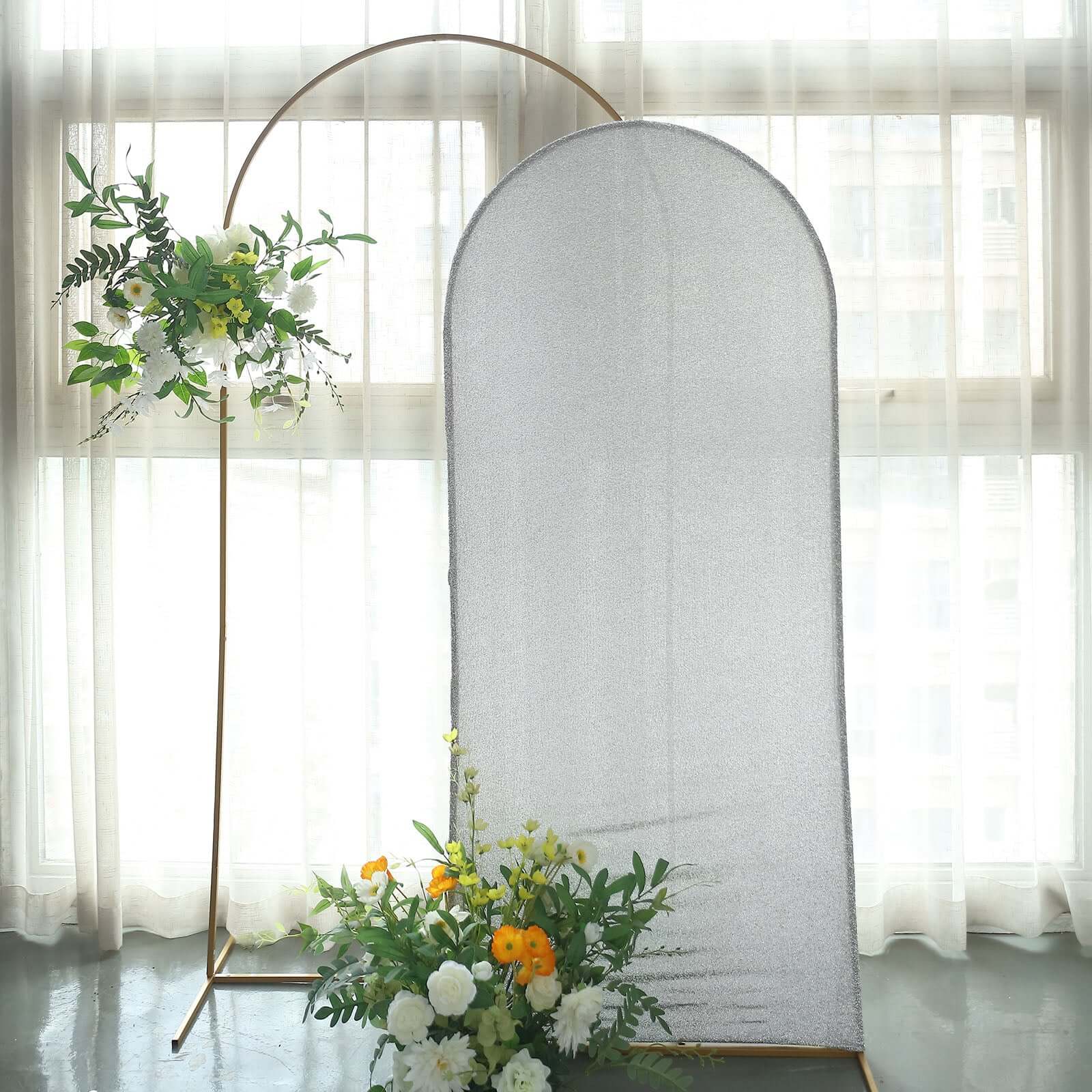 Silver Shimmer Tinsel Spandex Wedding Arch Cover For Fitted Round Top Chiara Backdrop Stand 6ft - Image 5