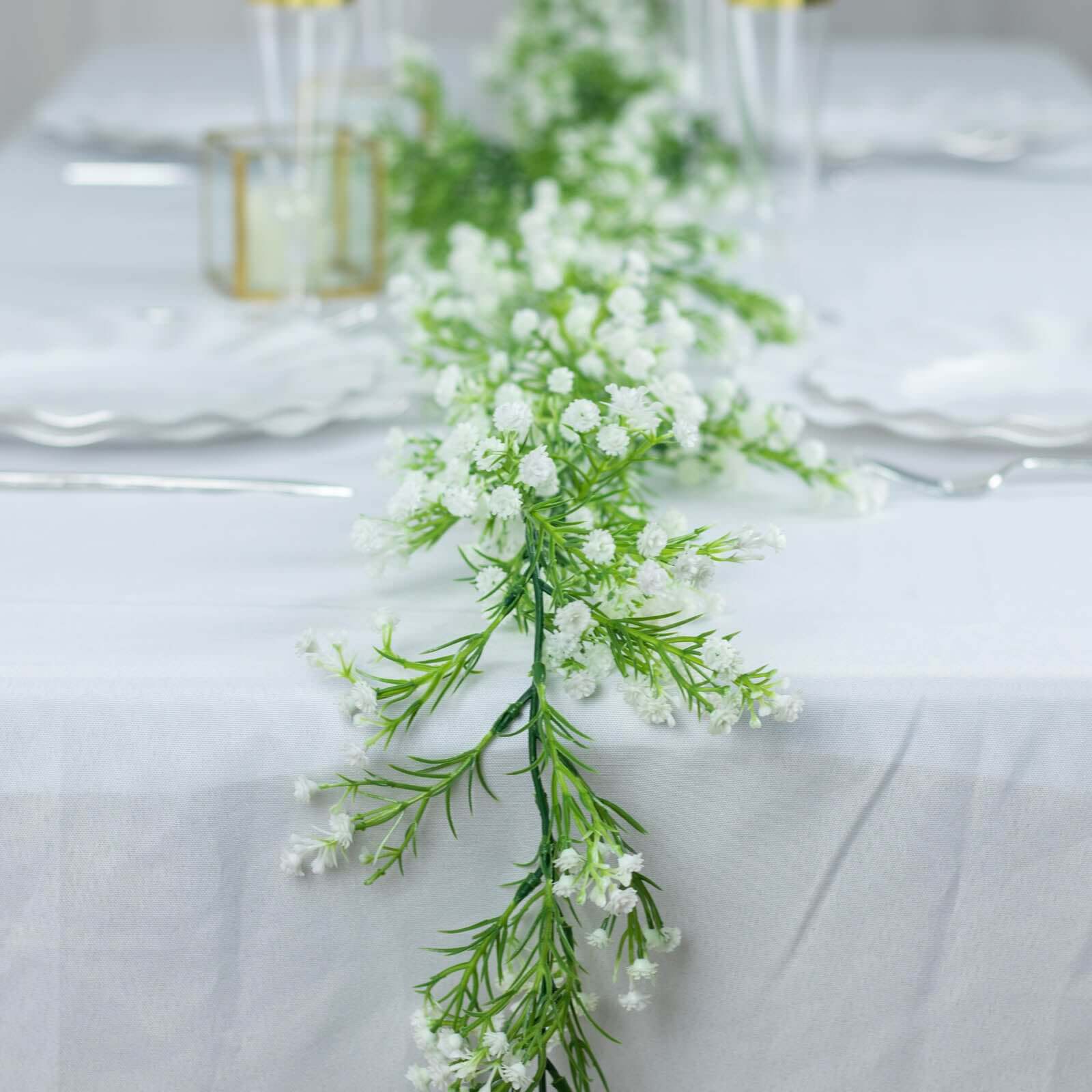 White Artificial Silk Gypsophila Table Flower Garland, Faux Baby Breath Hanging Flower Vines 6ft - Image 2