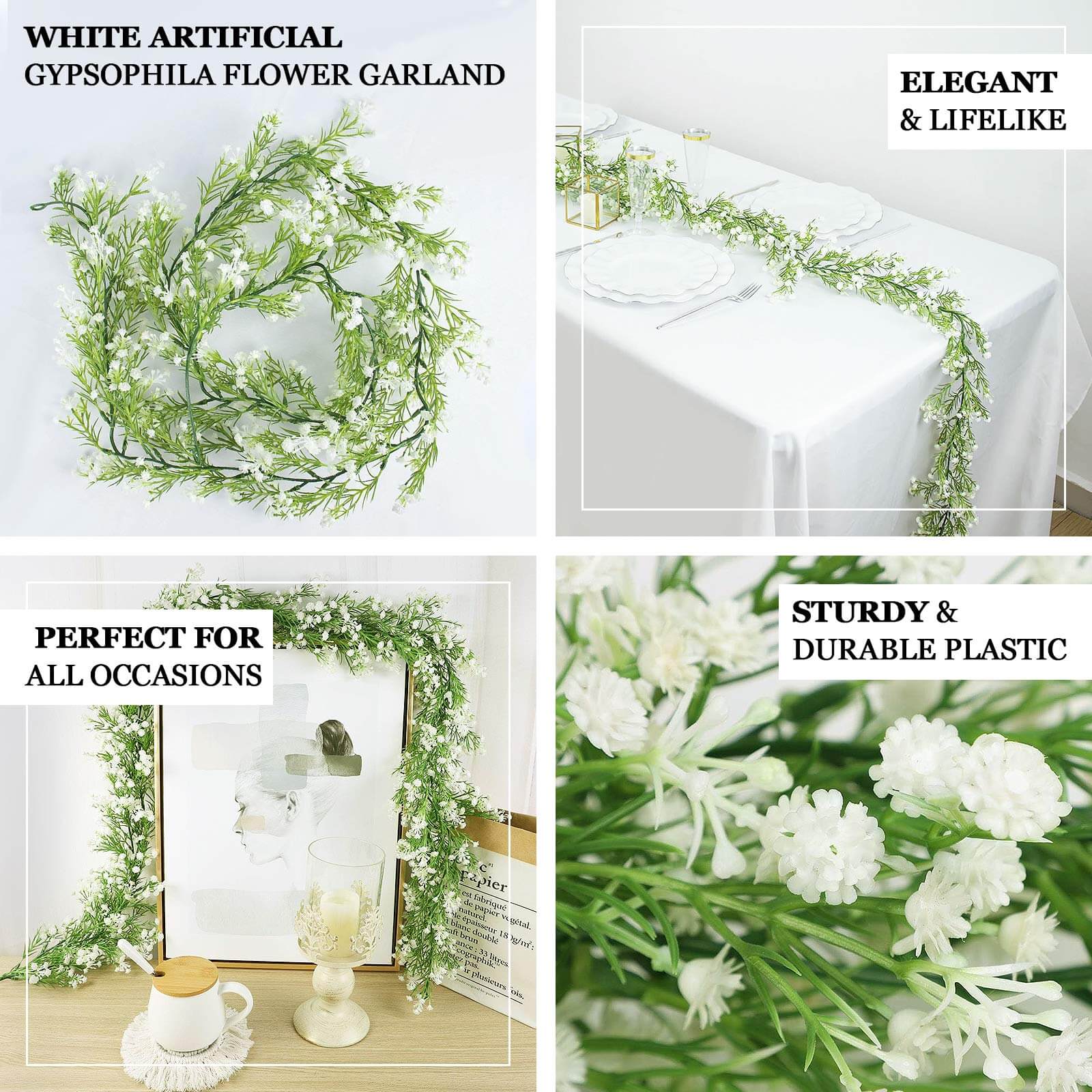 White Artificial Silk Gypsophila Table Flower Garland, Faux Baby Breath Hanging Flower Vines 6ft - Image 4