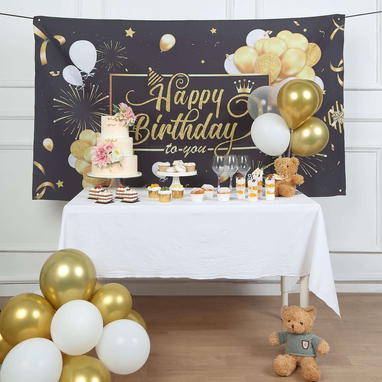 Black / Gold Happy Birthday Photo Booth Backdrop Decoration, Large Polyester Background Banner 6ftx3ft - Image 14