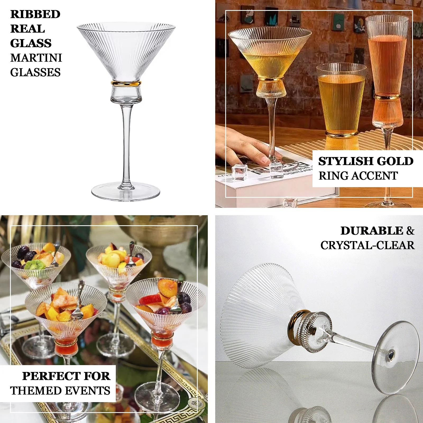 6-Pack Martini Glasses – 10oz Real Glass, Clear Ribbed Design with Gold Ring Accent, Elegant Cocktail Glasses for Martinis & Cosmopolitans – 8" Tall - Image 4
