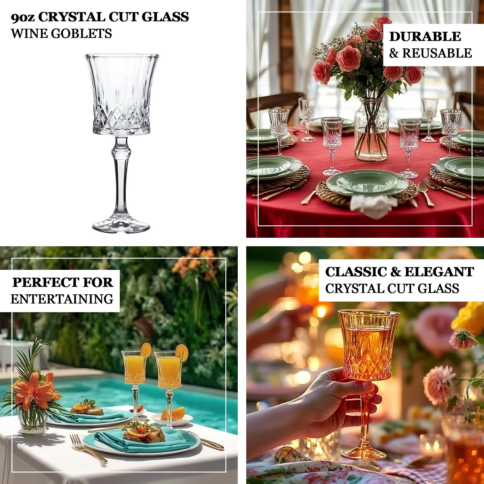 6 Pack Crystal Cut Glass Goblets 9oz Clear – Elegant Vintage Wine, Water & Cocktail Glasses for Table Settings - Image 3