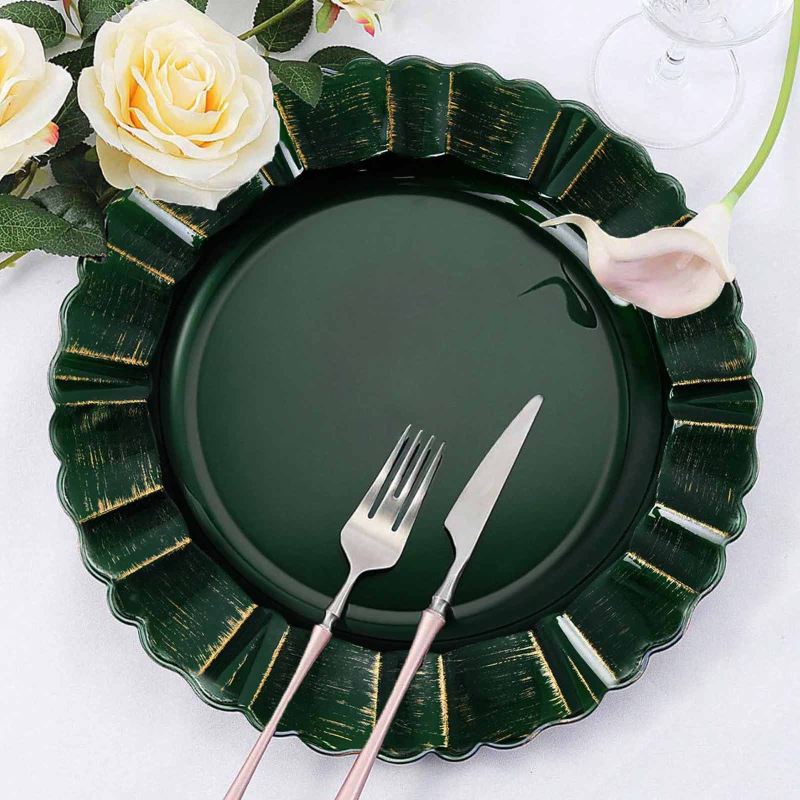 6-Pack Acrylic Plastic Charger Plates 13" Round Hunter Emerald Green with Gold Brushed Wavy Scalloped Rim - Dinner Charger Tableware