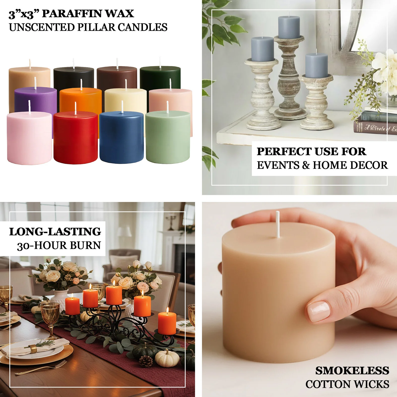 6-Pack Unscented Pillar Candles – Dripless 3"x3" Red Paraffin Wax with Smokeless Cotton Wicks, Clean & Long-Lasting 30-Hour Burn - Image 4