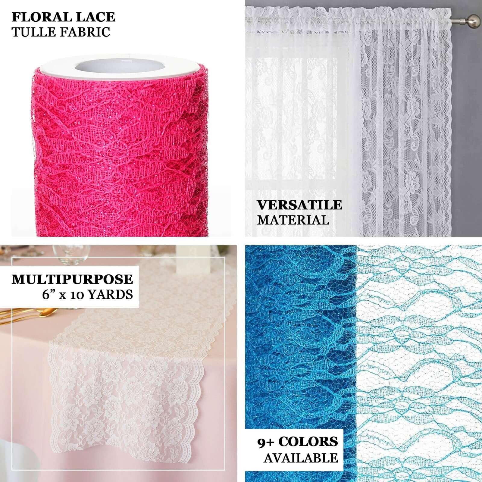 Fuchsia Floral Lace Shimmer Glitter Tulle Fabric Bolt 6"X10 Yards - Image 4