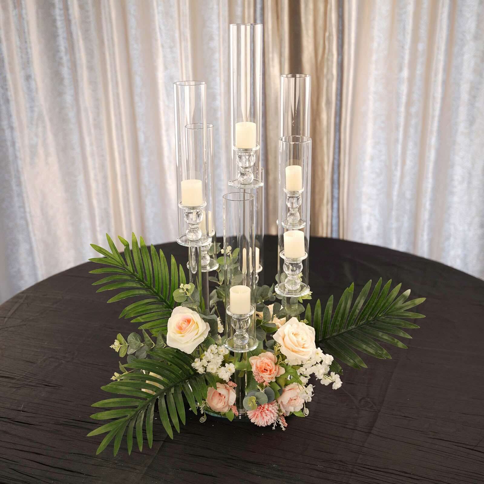 7-Arm Crystal Candelabra Round Taper Design with Mirror Base 33" Clear - Sparkling Candle Holder Table Centerpiece for Votive & Pillar Candles - Image 2