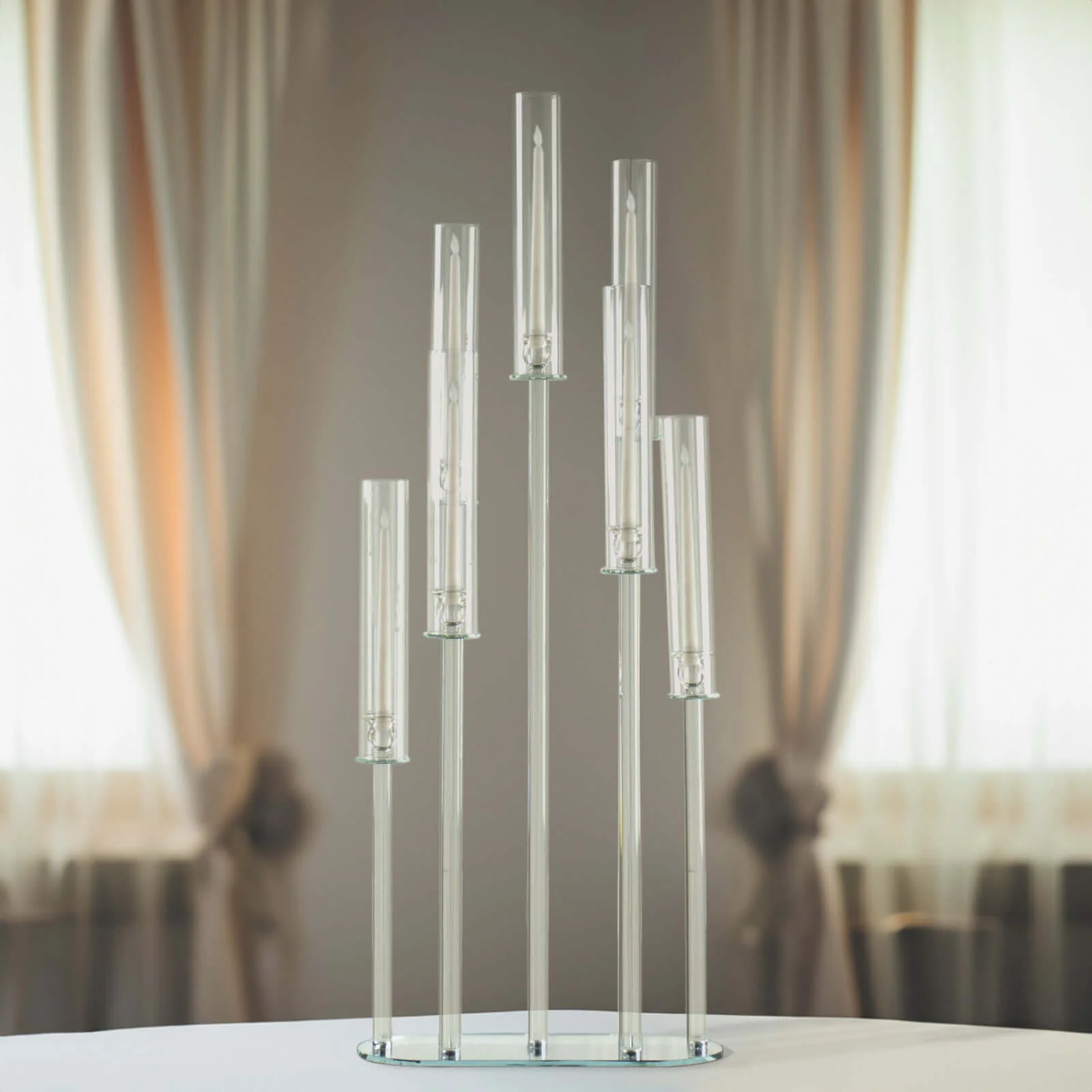 7-Arm Crystal Cluster Candelabra with Hurricane Shades 47" Clear - Stunning Wedding Aisle Table Centerpiece - Image 4