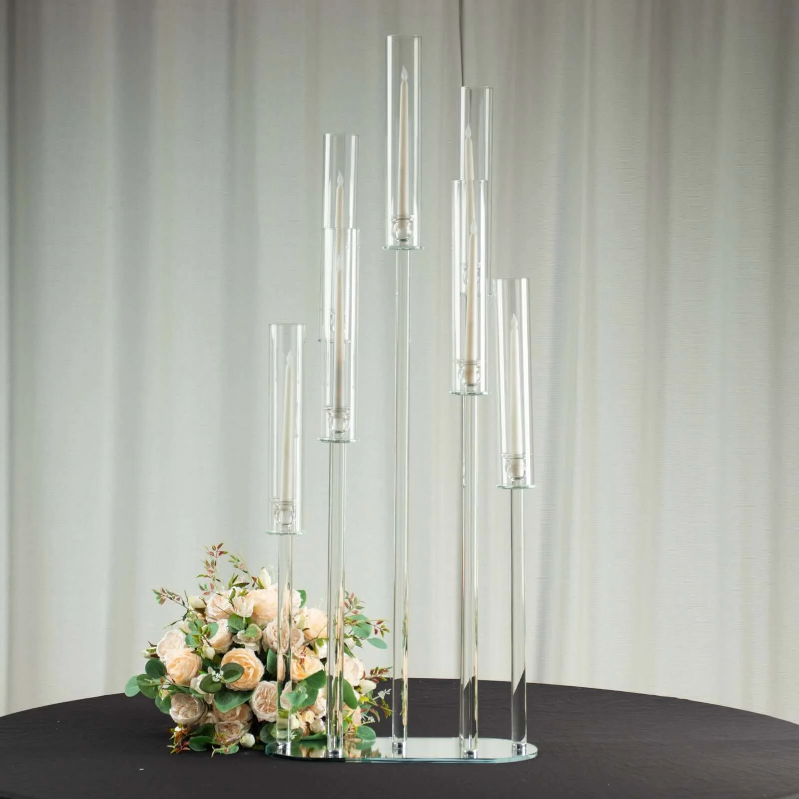 7-Arm Crystal Cluster Candelabra with Hurricane Shades 47" Clear - Stunning Wedding Aisle Table Centerpiece - Image 6