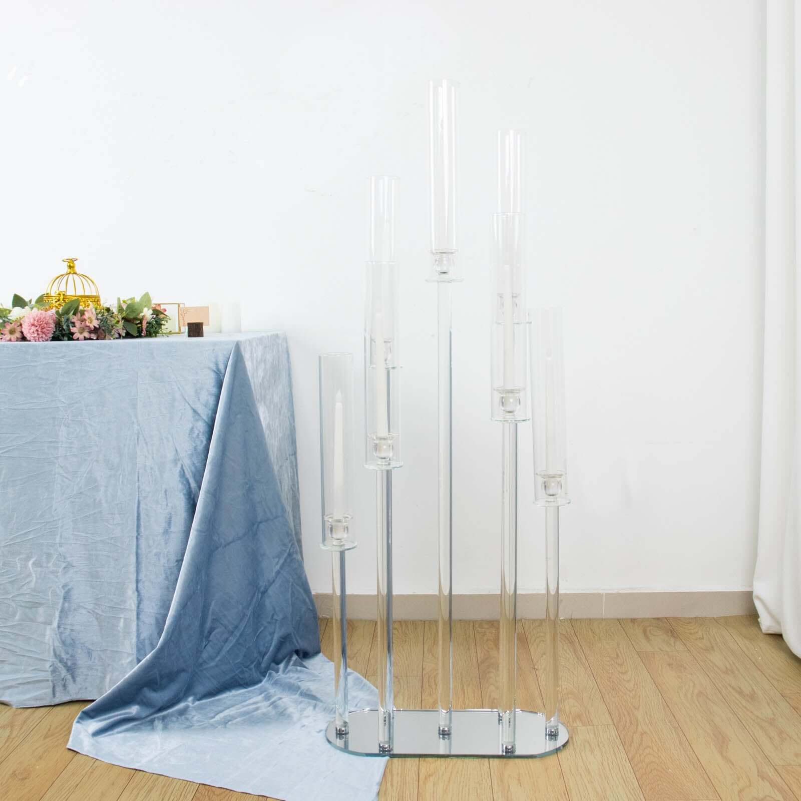 7-Arm Crystal Cluster Candelabra with Hurricane Shades 47" Clear - Stunning Wedding Aisle Table Centerpiece - Image 7