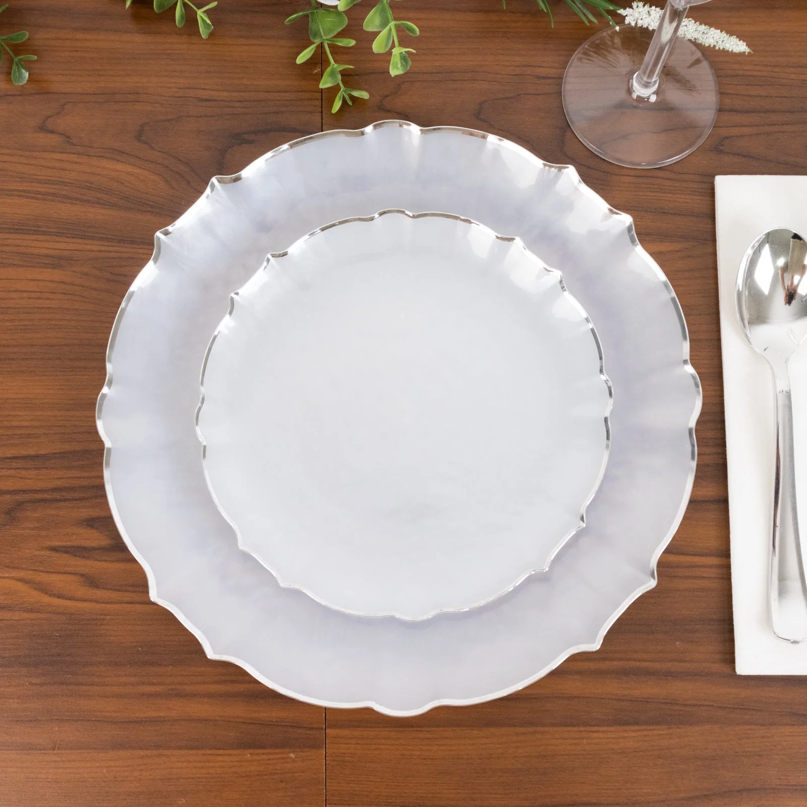 10-Pack Plastic Round Dessert Appetizer Plates 7" Pearl White Sunflower with Silver Scalloped Rim - Disposable Salad Plates for Sophisticated Events & Celebrations