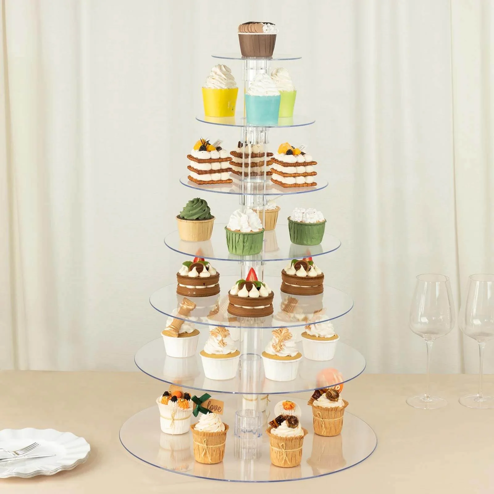 7-Tier Acrylic Round Cupcake Stand 26" Clear - Heavy Duty Dessert Tower Holder Pastry Display with Film Sheets for Modern Minimalist Buffet Party Tables