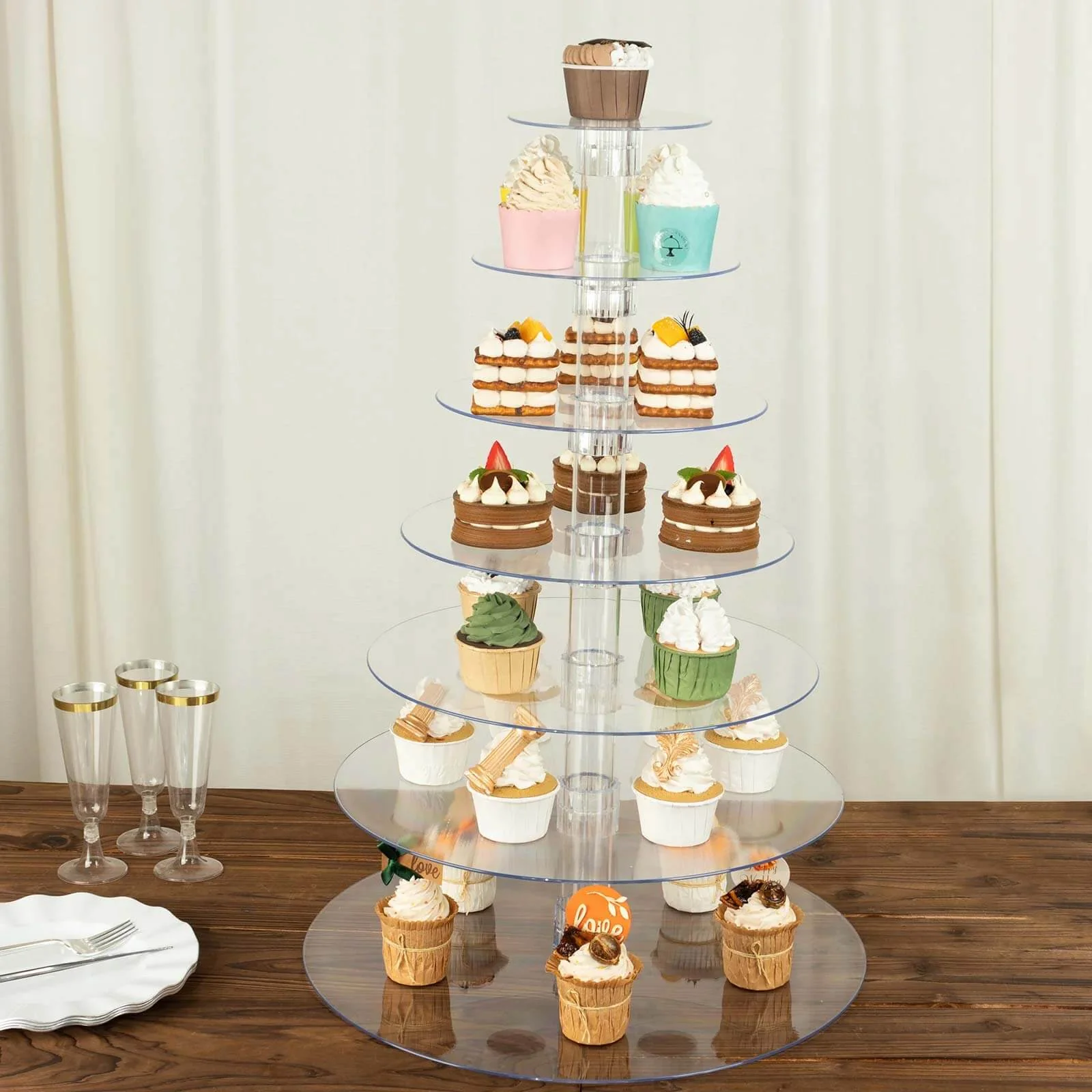 7-Tier Acrylic Round Cupcake Stand 26" Clear - Heavy Duty Dessert Tower Holder Pastry Display with Film Sheets for Modern Minimalist Buffet Party Tables - Image 7