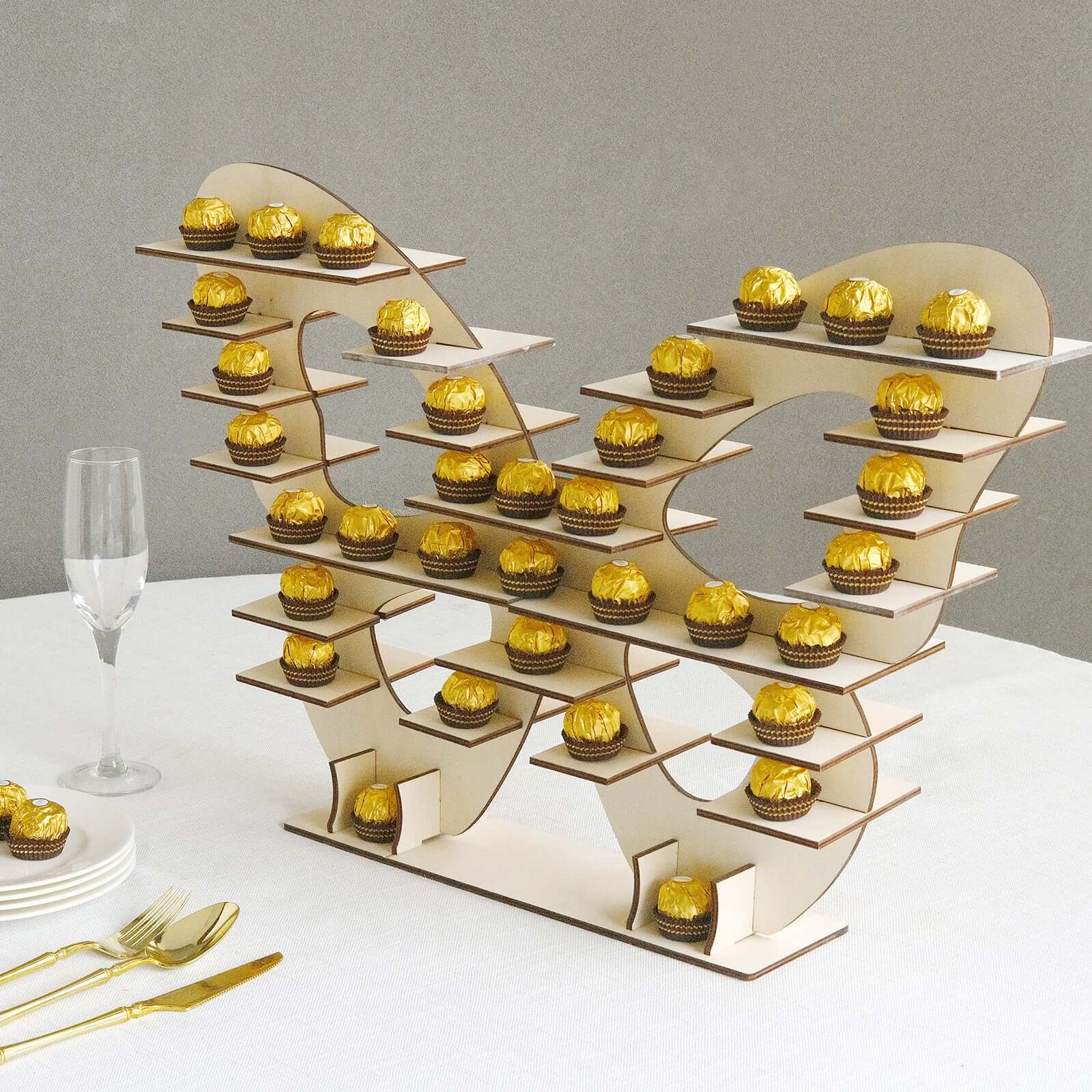 7-Tier Wooden Dessert Display Stand 25" Butterfly Shaped Design Natural - Double Sided Cupcake Holder Shelf Rack - Image 4