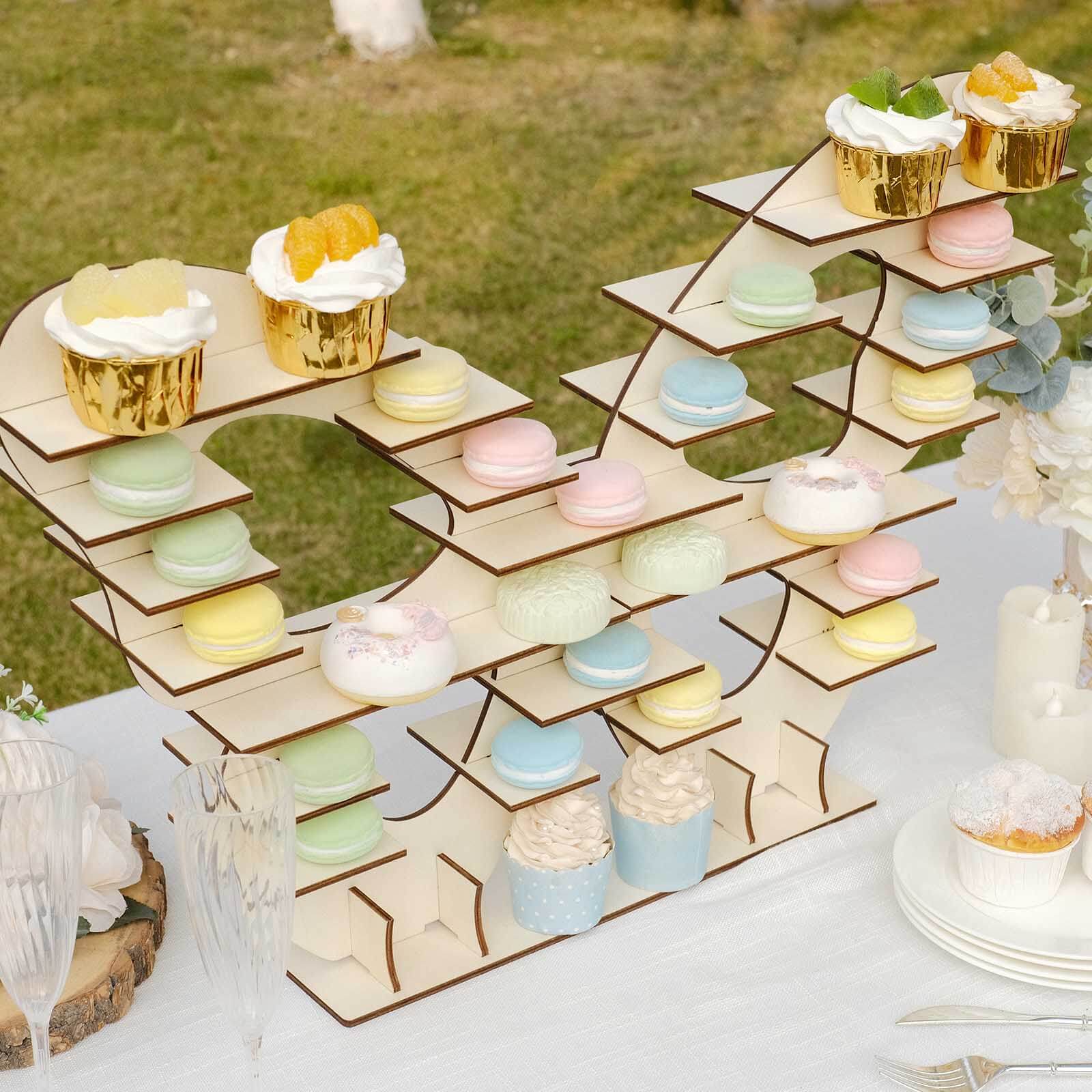 7-Tier Wooden Dessert Display Stand 25" Butterfly Shaped Design Natural - Double Sided Cupcake Holder Shelf Rack - Image 5