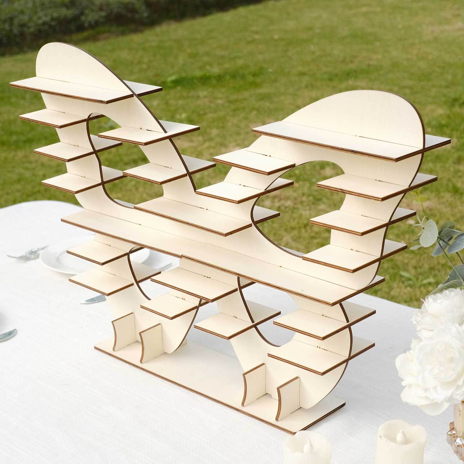 7-Tier Wooden Dessert Display Stand 25" Butterfly Shaped Design Natural - Double Sided Cupcake Holder Shelf Rack - Image 6