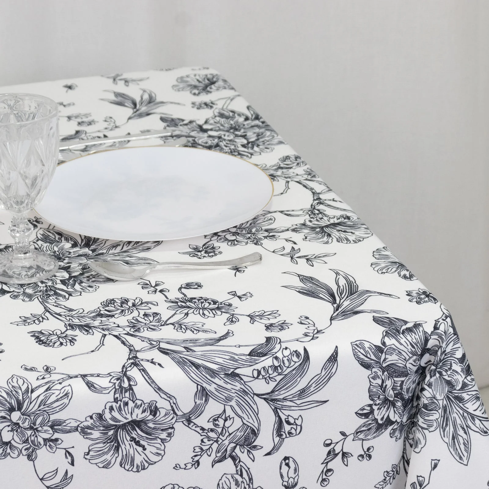 Polyester Square Table Overlay 70"x70" White with Black French Toile Pattern - Sophisticated Table Topper for Chic Weddings & Events - Image 2