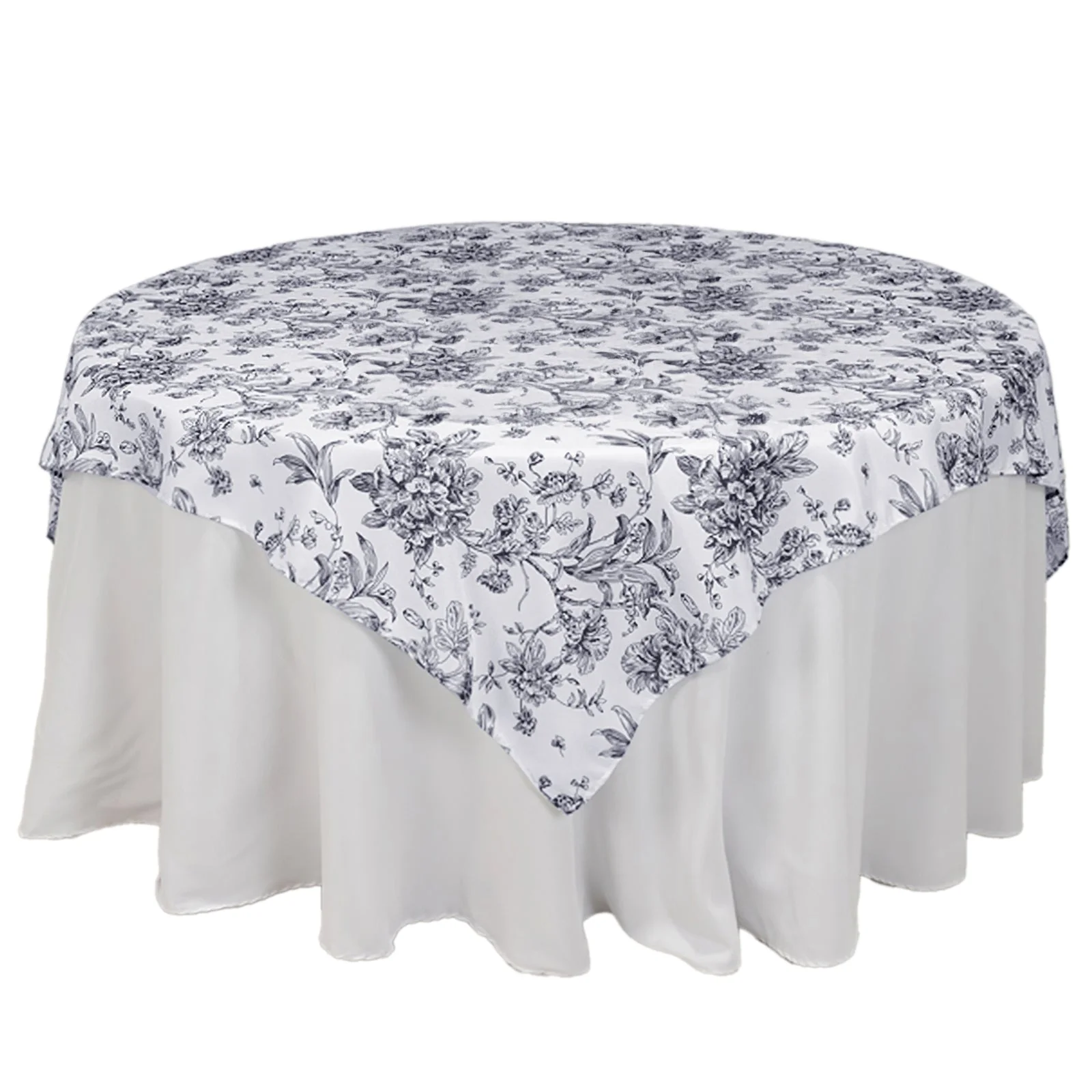 Polyester Square Table Overlay 70"x70" White with Black French Toile Pattern - Sophisticated Table Topper for Chic Weddings & Events - Image 3