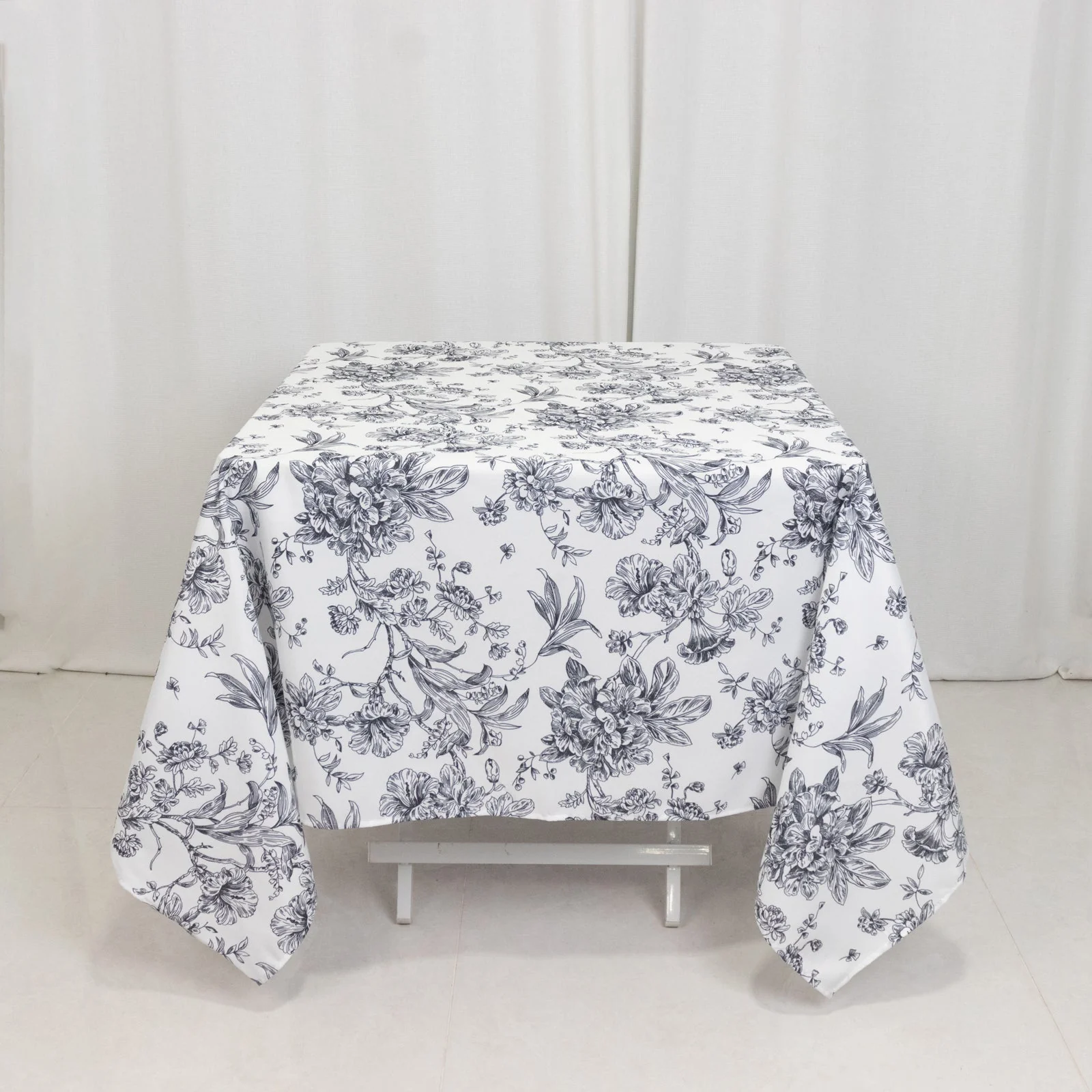 Polyester Square Table Overlay 70"x70" White with Black French Toile Pattern - Sophisticated Table Topper for Chic Weddings & Events - Image 4