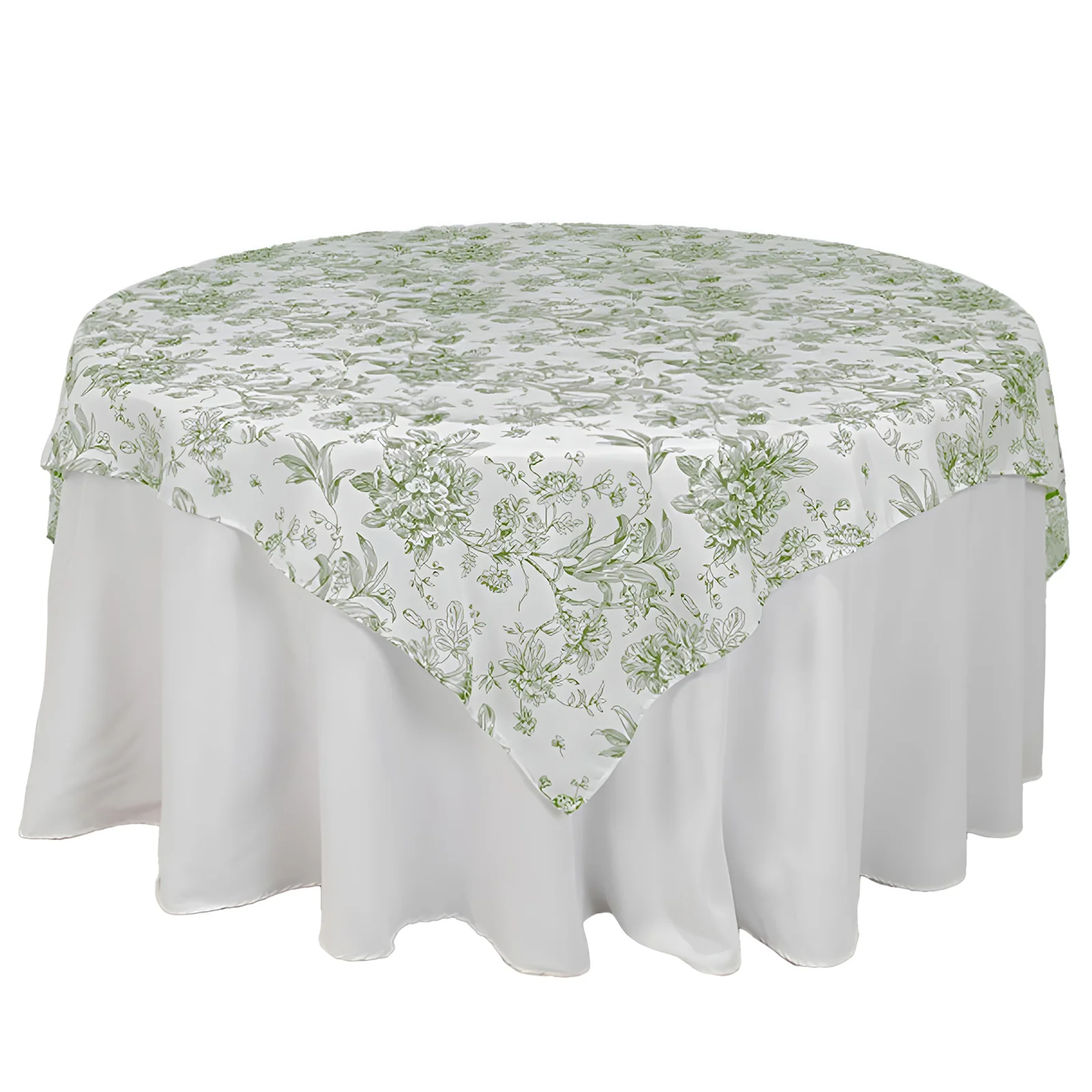 Polyester Square Table Overlay 70"x70" White with Dusty Sage Green French Toile Pattern - Sophisticated Table Topper for Chic Weddings & Events - Image 3