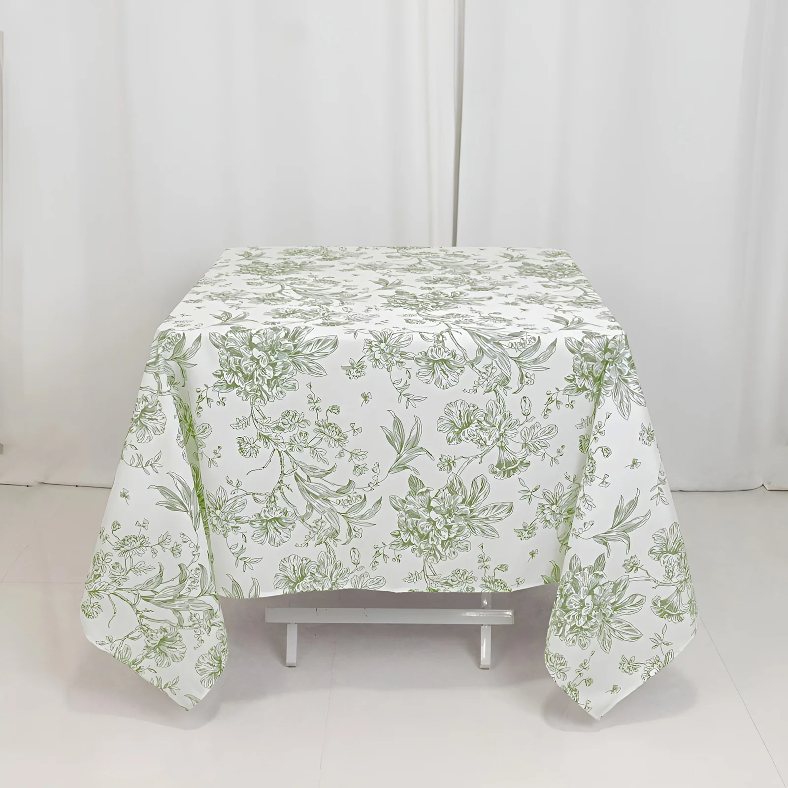Polyester Square Table Overlay 70"x70" White with Dusty Sage Green French Toile Pattern - Sophisticated Table Topper for Chic Weddings & Events - Image 4