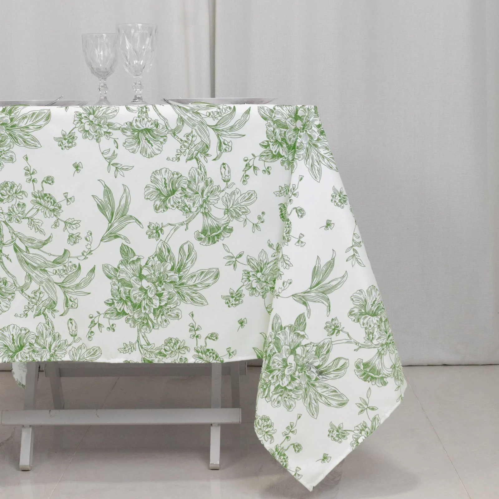 Polyester Square Tablecloth 70"x70" White with Dusty Sage Green French Toile Pattern - Sophisticated Table Cover for Chic Weddings & Events - Image 2