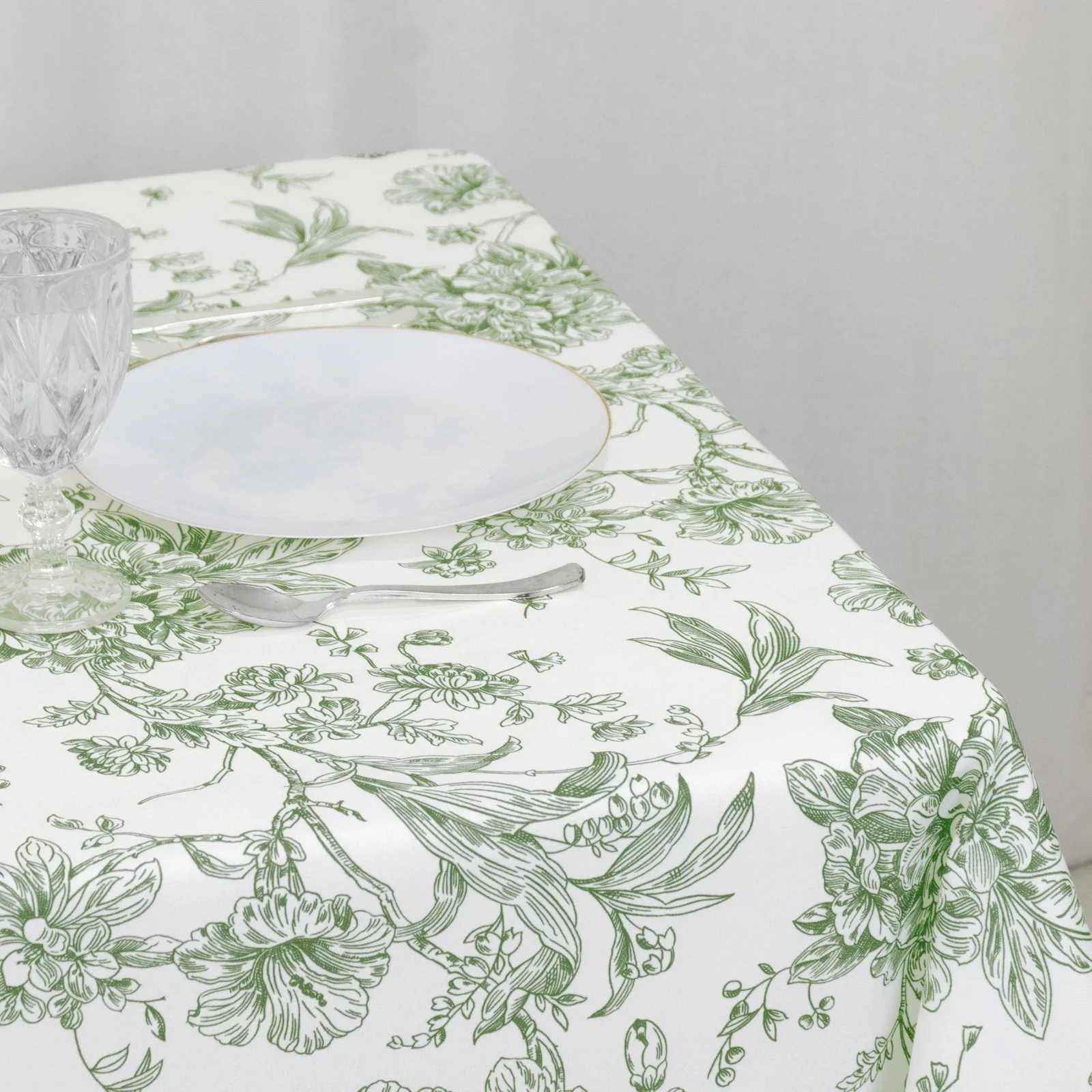 Polyester Square Tablecloth 70"x70" White with Dusty Sage Green French Toile Pattern - Sophisticated Table Cover for Chic Weddings & Events - Image 4