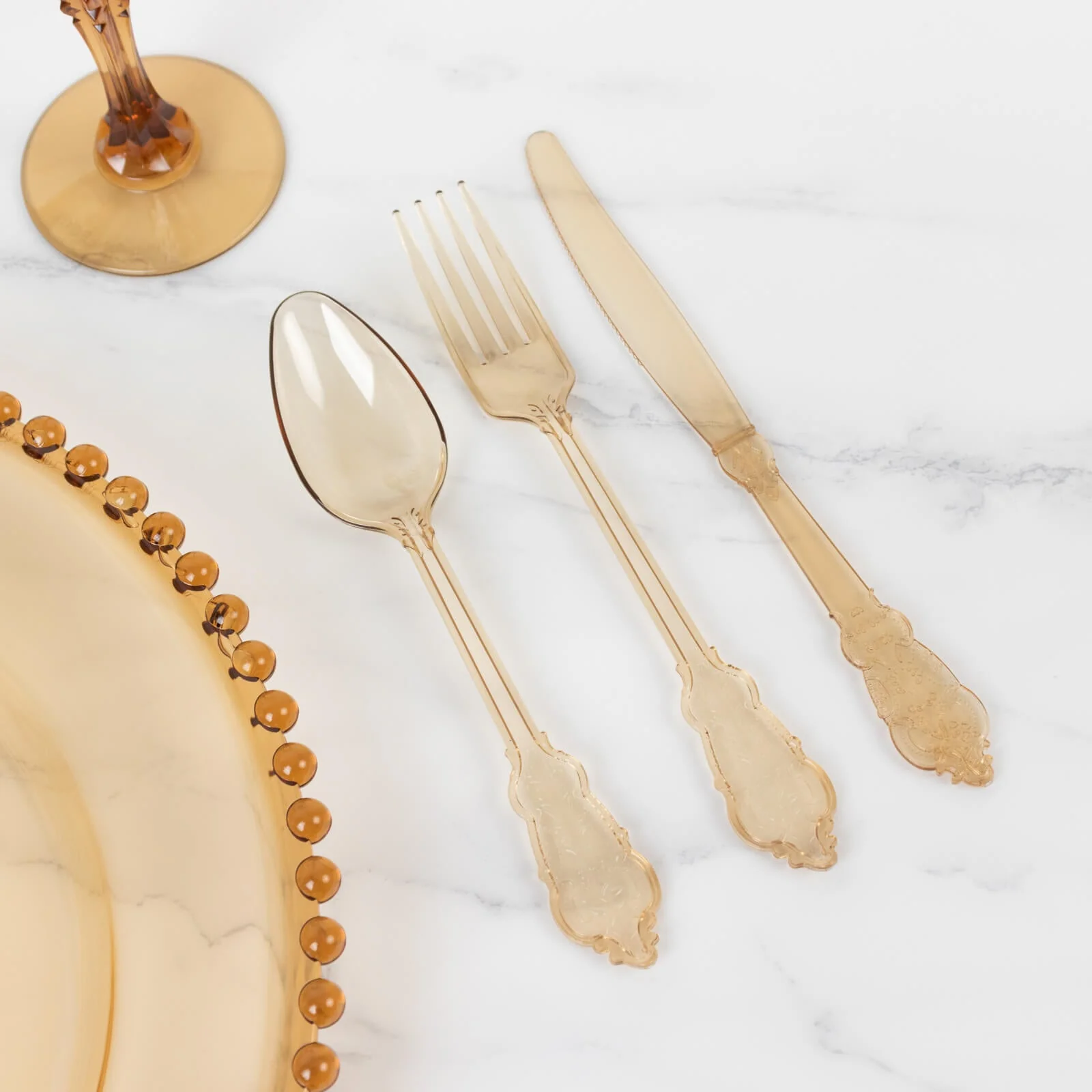 72 Pcs Plastic Silverware Set Amber Gold in Baroque Style - Heavy Duty Disposable Knife, Fork, and Spoon Set - Image 9