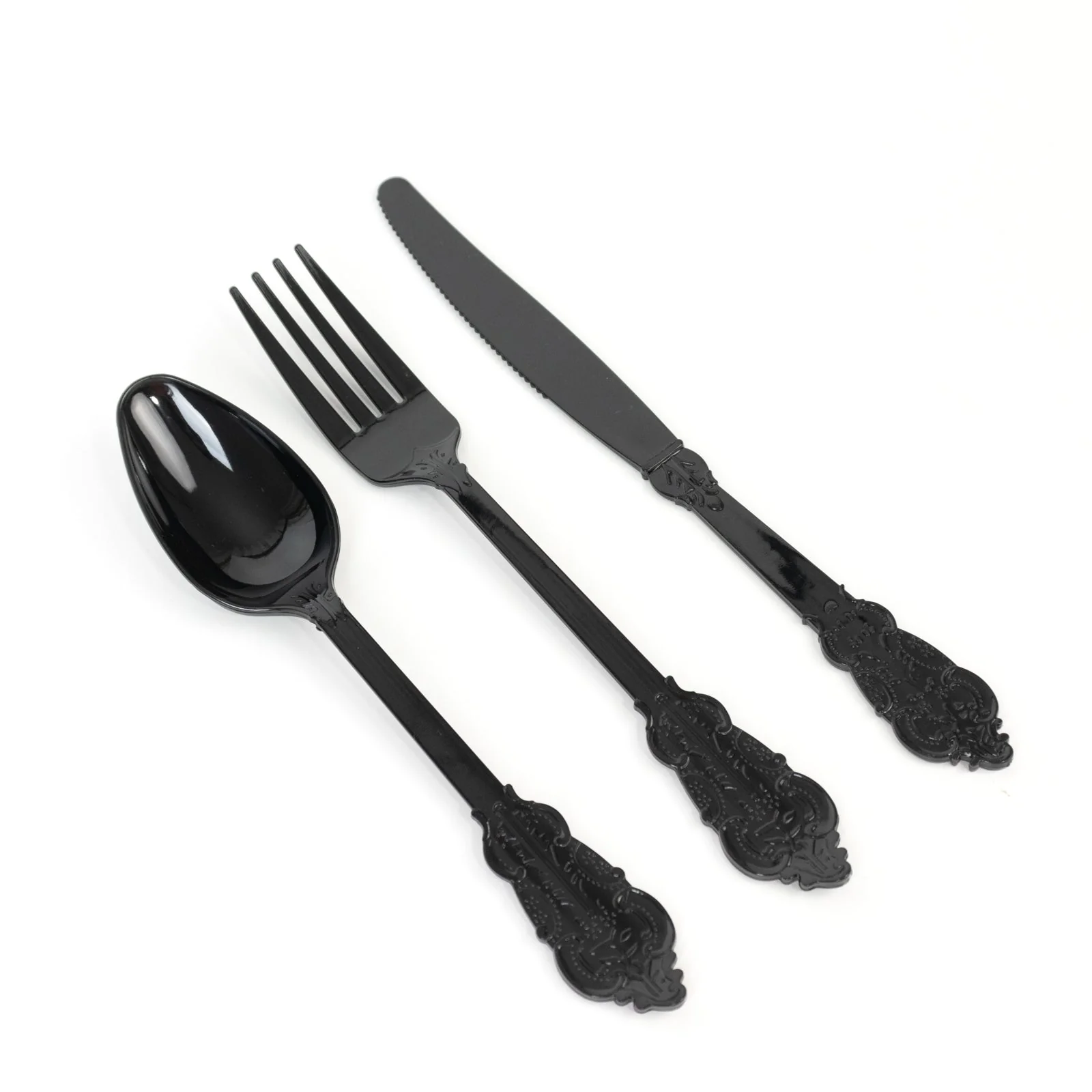 72 Pcs Plastic Silverware Set Black in Baroque Style - Heavy Duty Disposable Knife, Fork, and Spoon Set - Image 6