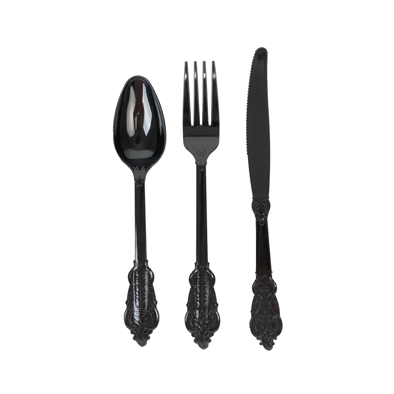 72 Pcs Plastic Silverware Set Black in Baroque Style - Heavy Duty Disposable Knife, Fork, and Spoon Set - Image 7