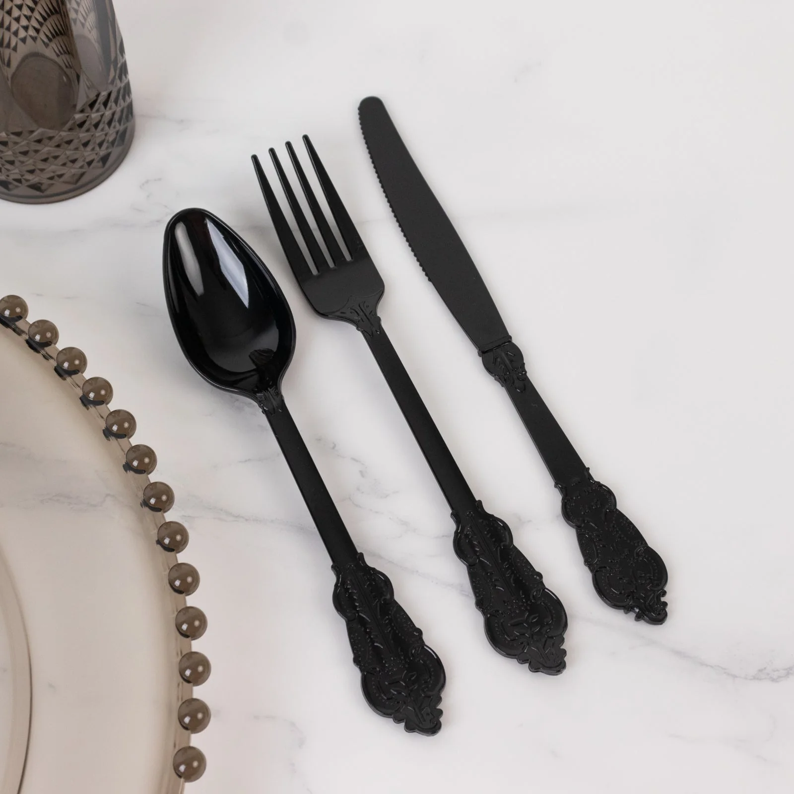 72 Pcs Plastic Silverware Set Black in Baroque Style - Heavy Duty Disposable Knife, Fork, and Spoon Set - Image 9