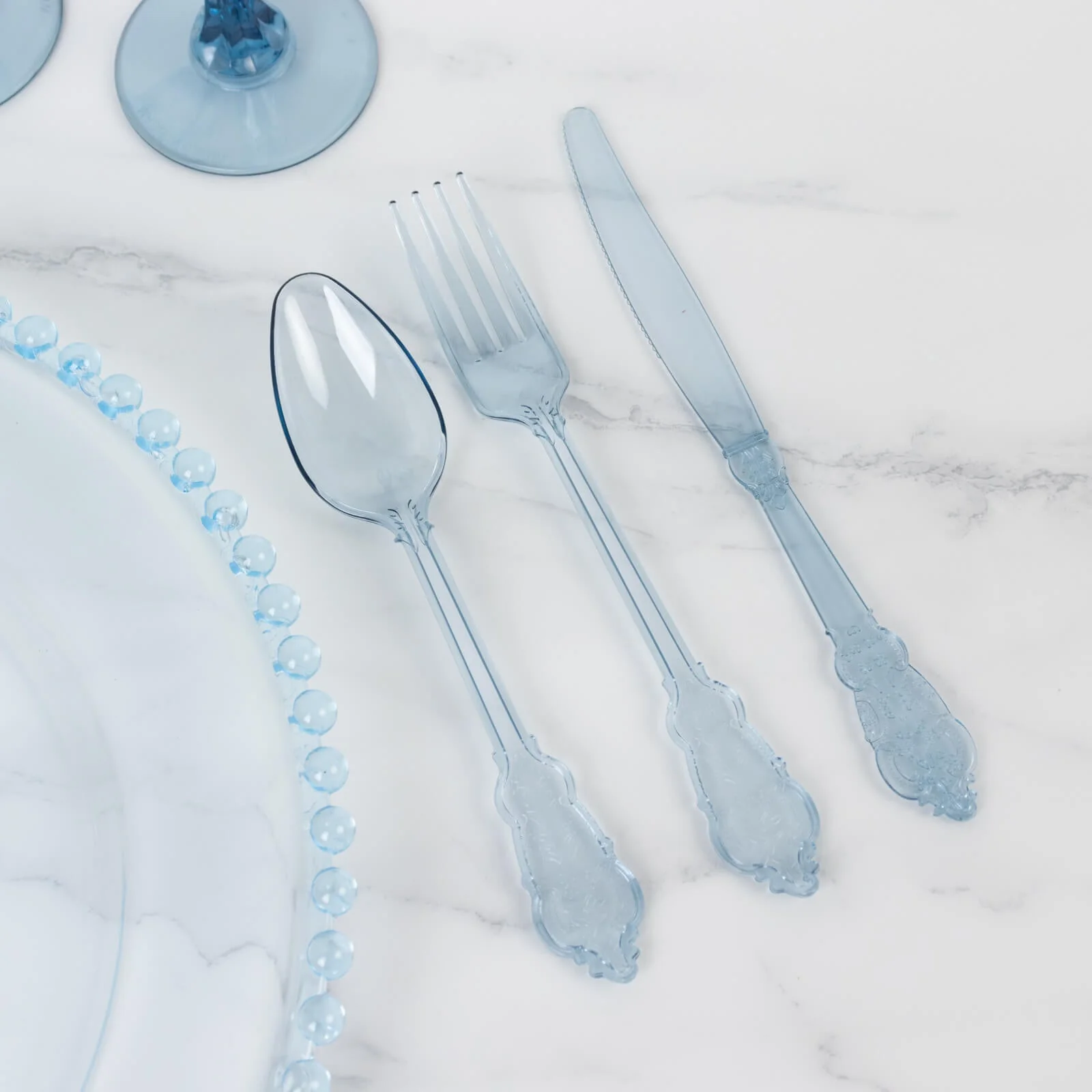 72 Pcs Plastic Silverware Set Transparent Dusty Blue in Baroque Style - Heavy Duty Disposable Knife, Fork, and Spoon Set - Image 2