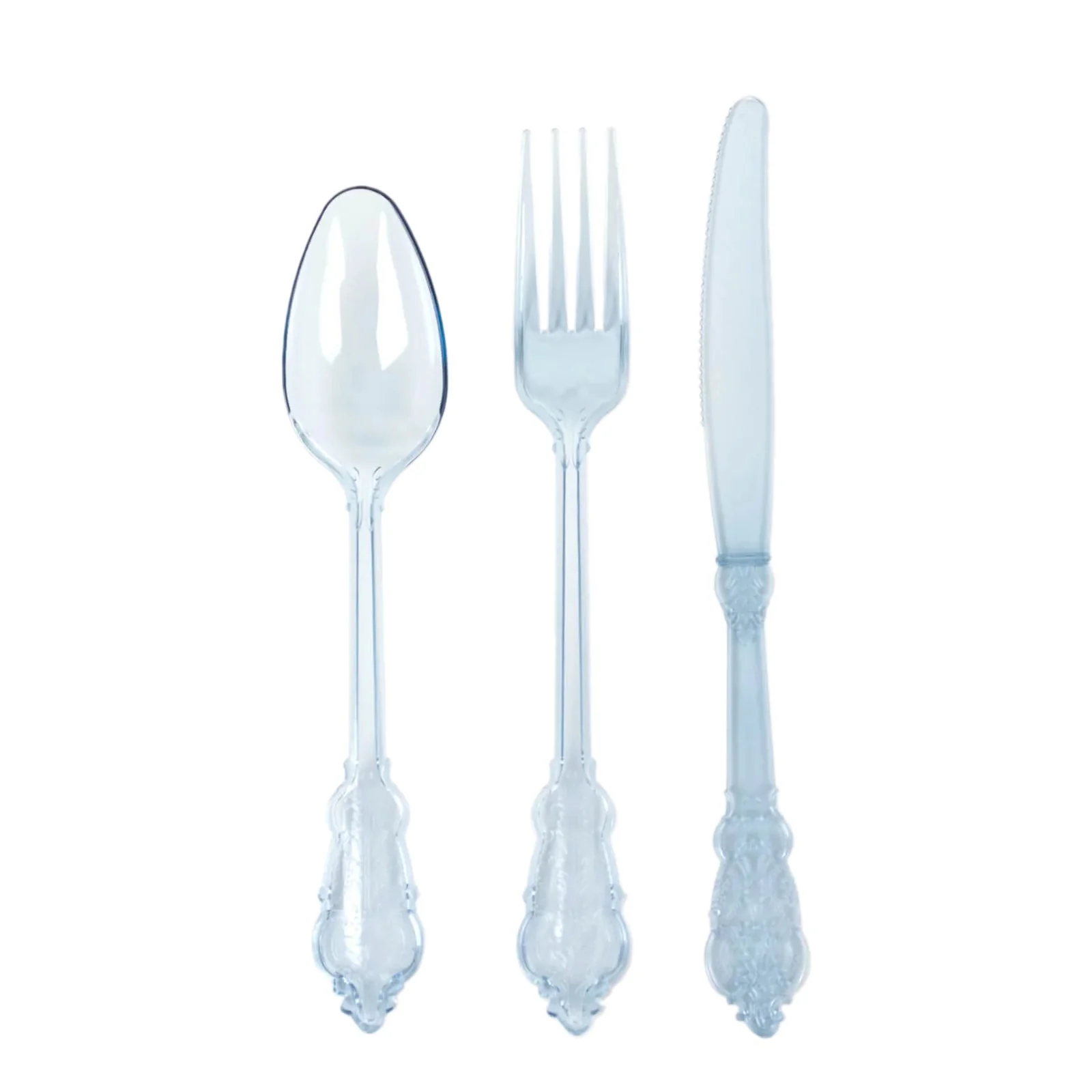 72 Pcs Plastic Silverware Set Transparent Dusty Blue in Baroque Style - Heavy Duty Disposable Knife, Fork, and Spoon Set - Image 6