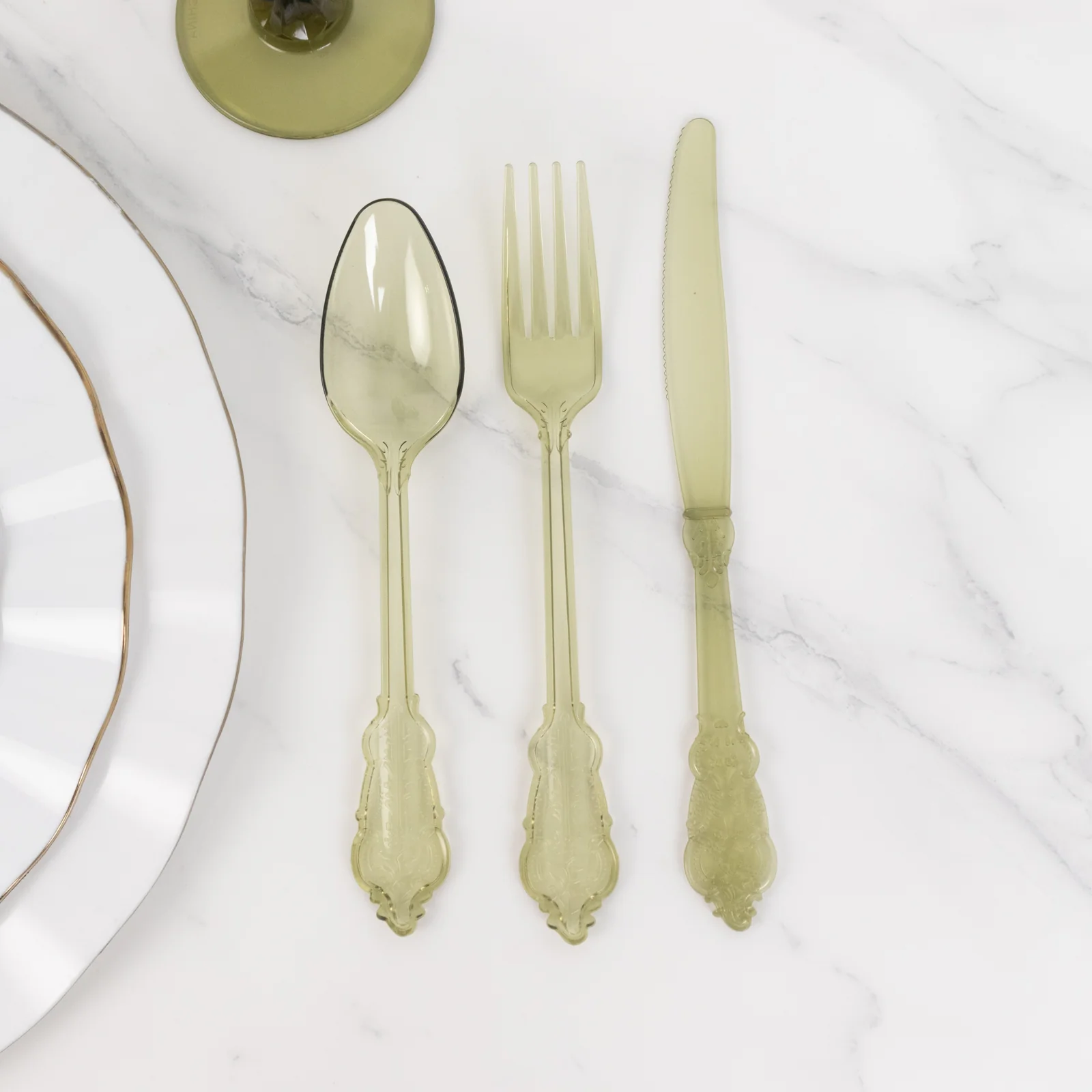 72 Pcs Plastic Silverware Set Transparent Dusty Sage Green in Baroque Style - Heavy Duty Disposable Knife, Fork, and Spoon Set