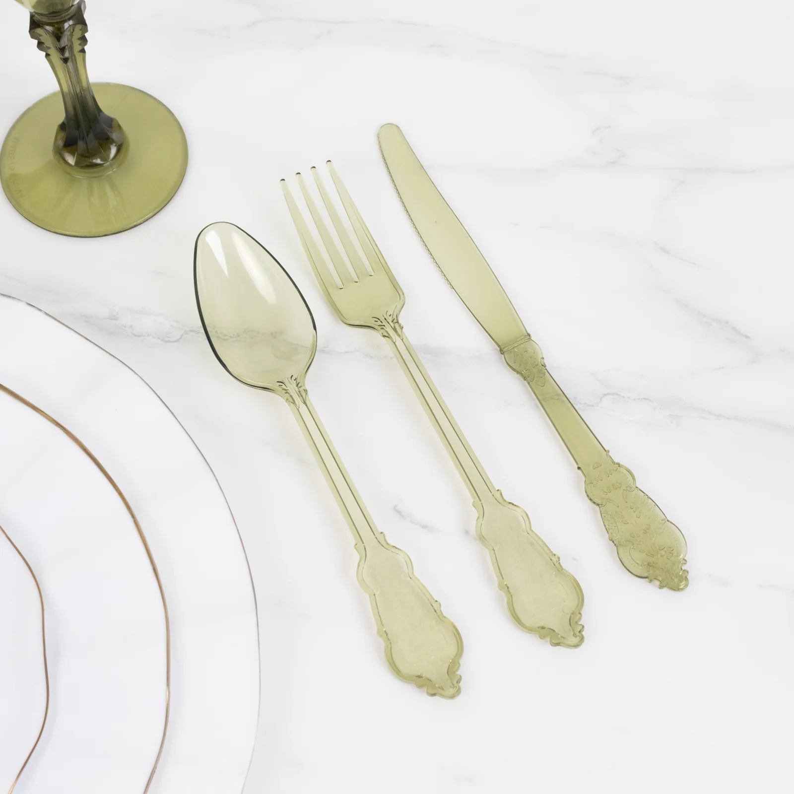 72 Pcs Plastic Silverware Set Transparent Dusty Sage Green in Baroque Style - Heavy Duty Disposable Knife, Fork, and Spoon Set - Image 8