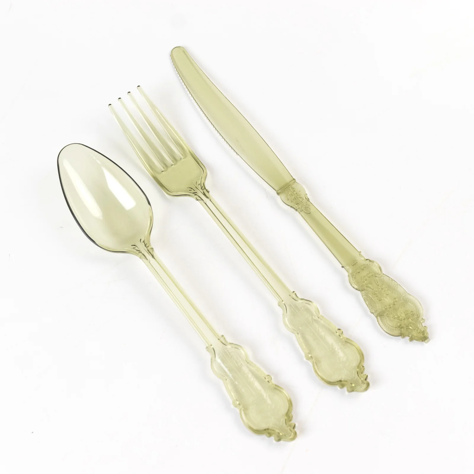 72 Pcs Plastic Silverware Set Transparent Dusty Sage Green in Baroque Style - Heavy Duty Disposable Knife, Fork, and Spoon Set - Image 9