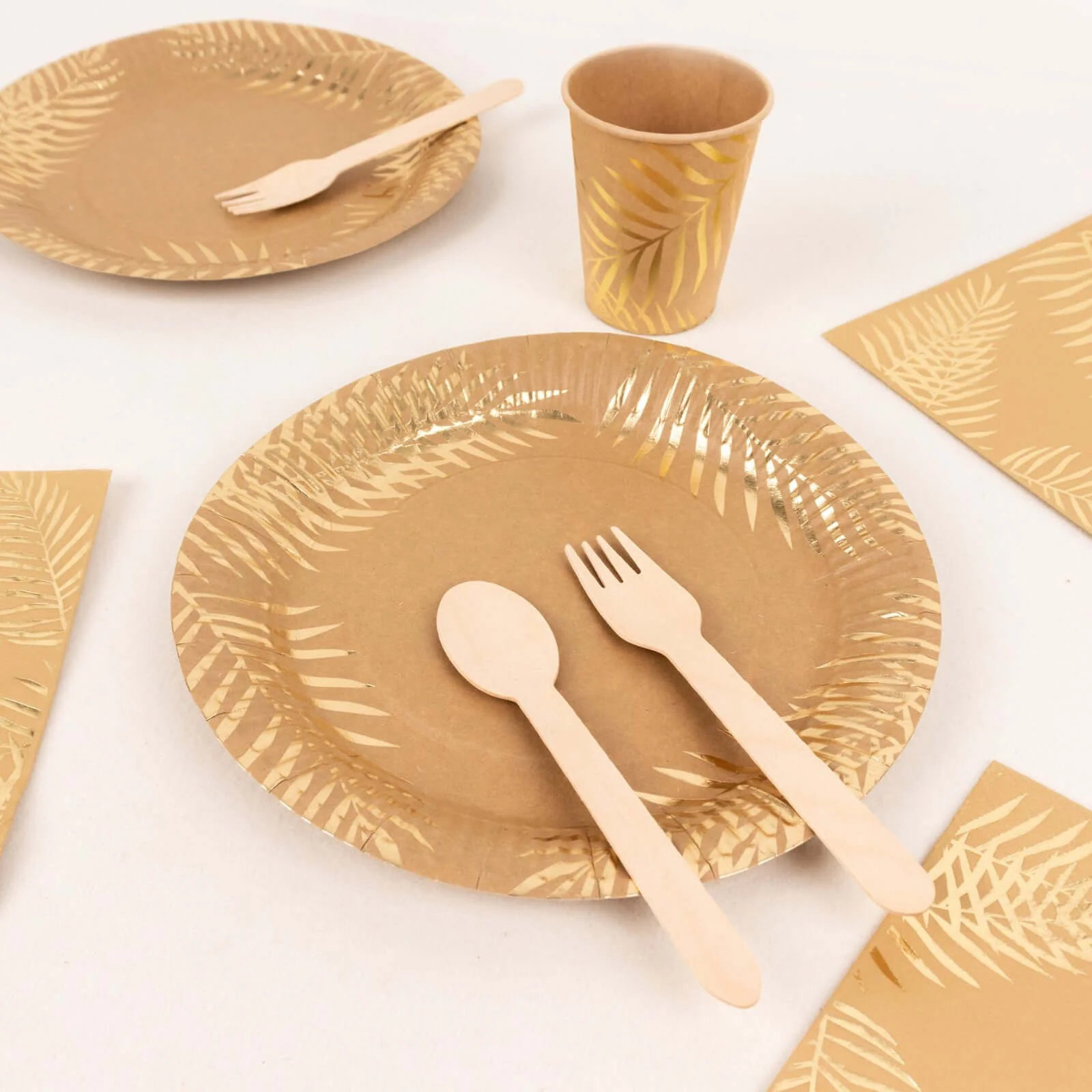 72 Pcs Paper Dinnerware Set Natural with Gold Foil Palm Leaves Print - Disposable Plates, Cups, and Napkins Tableware - Image 4
