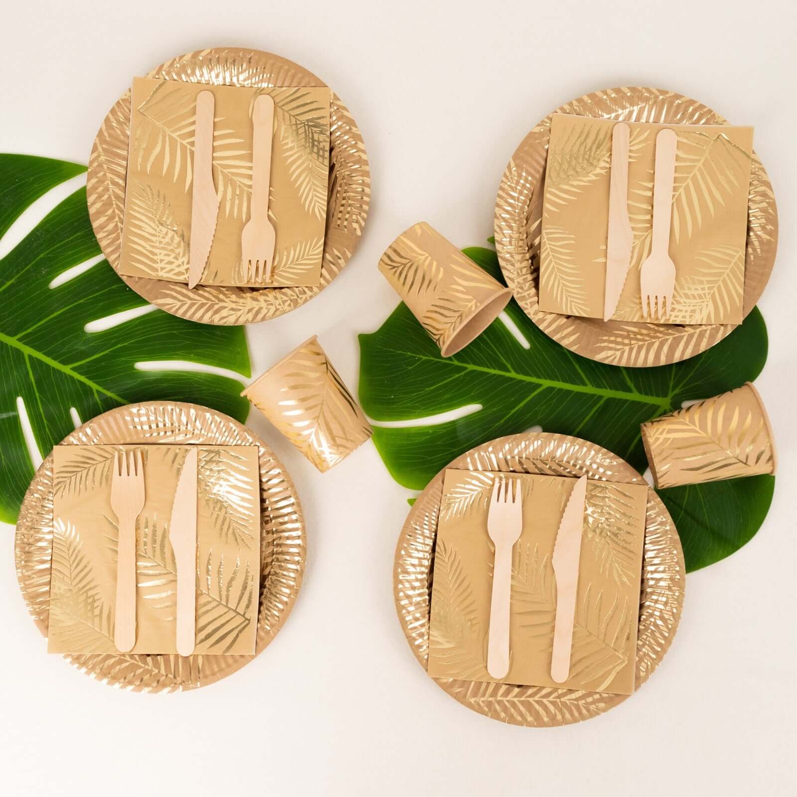 72 Pcs Paper Dinnerware Set Natural with Gold Foil Palm Leaves Print - Disposable Plates, Cups, and Napkins Tableware - Image 5