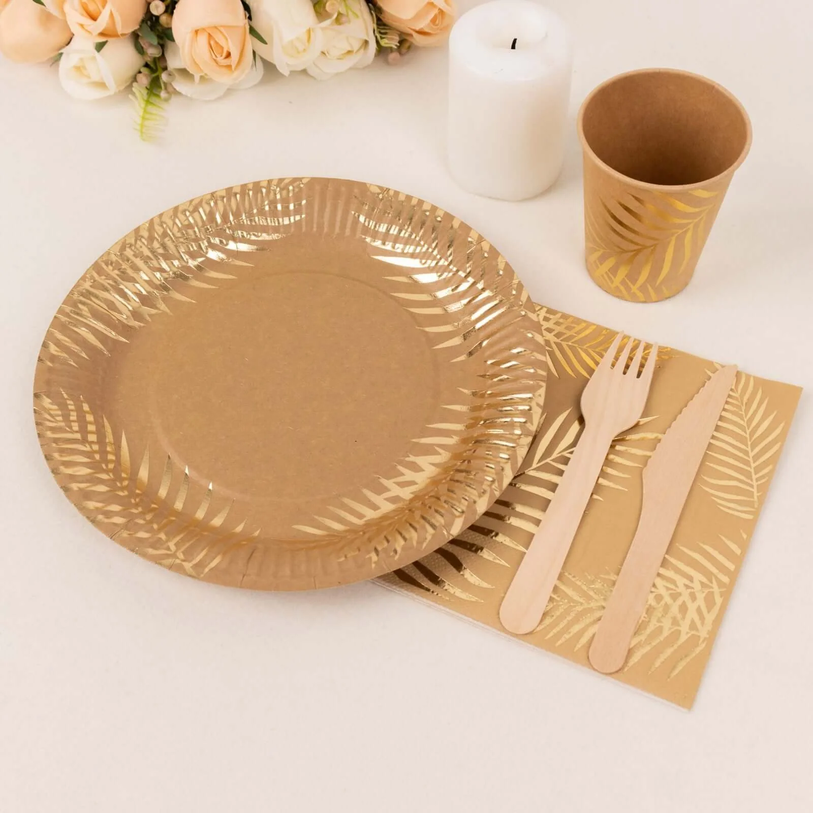 72 Pcs Paper Dinnerware Set Natural with Gold Foil Palm Leaves Print - Disposable Plates, Cups, and Napkins Tableware - Image 6
