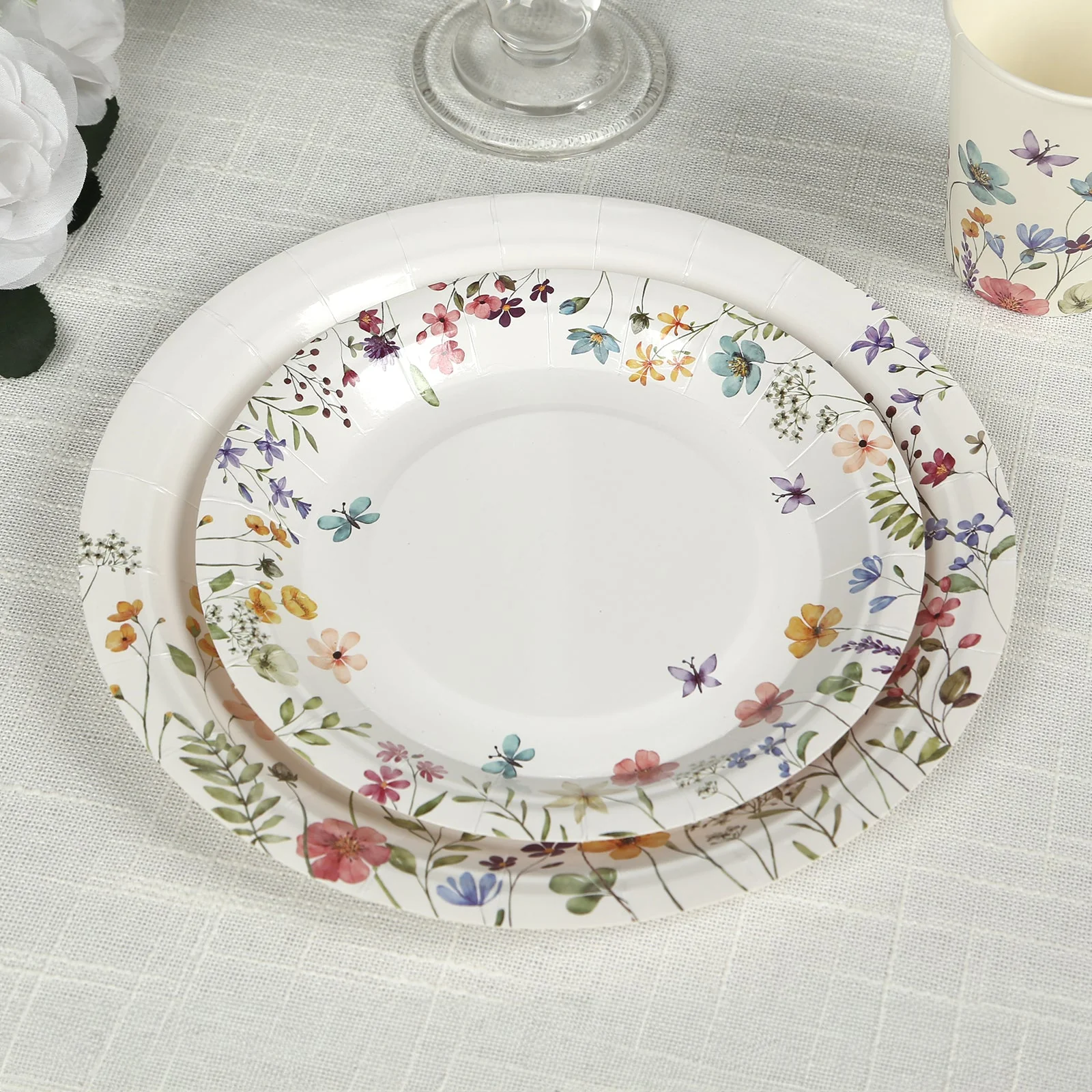 72 Pcs Paper Plates and Cups Set in White with Wildflower Butterfly Print - Disposable Party Supplies for Birthdays, Weddings & Events