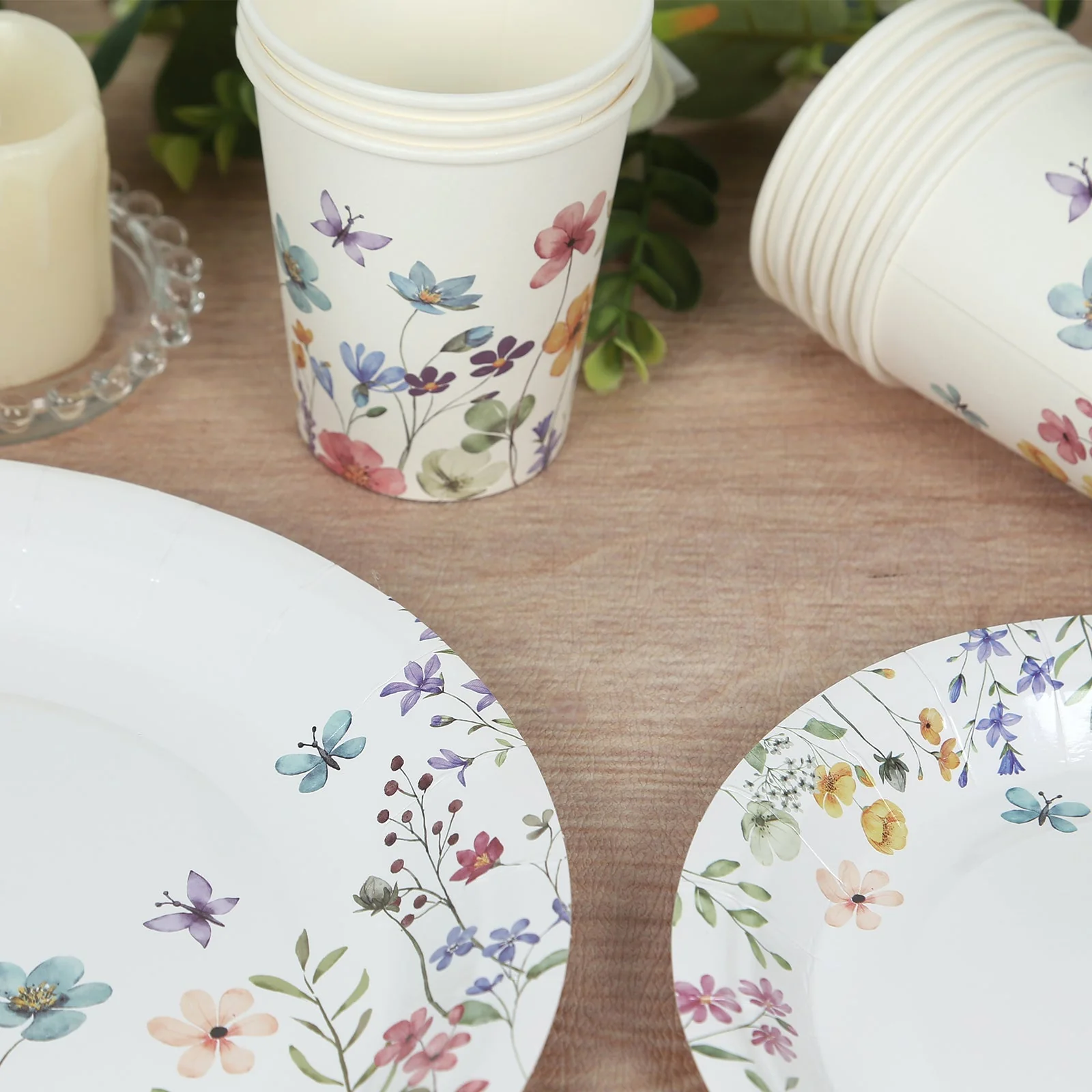 72 Pcs Paper Plates and Cups Set in White with Wildflower Butterfly Print - Disposable Party Supplies for Birthdays, Weddings & Events - Image 12