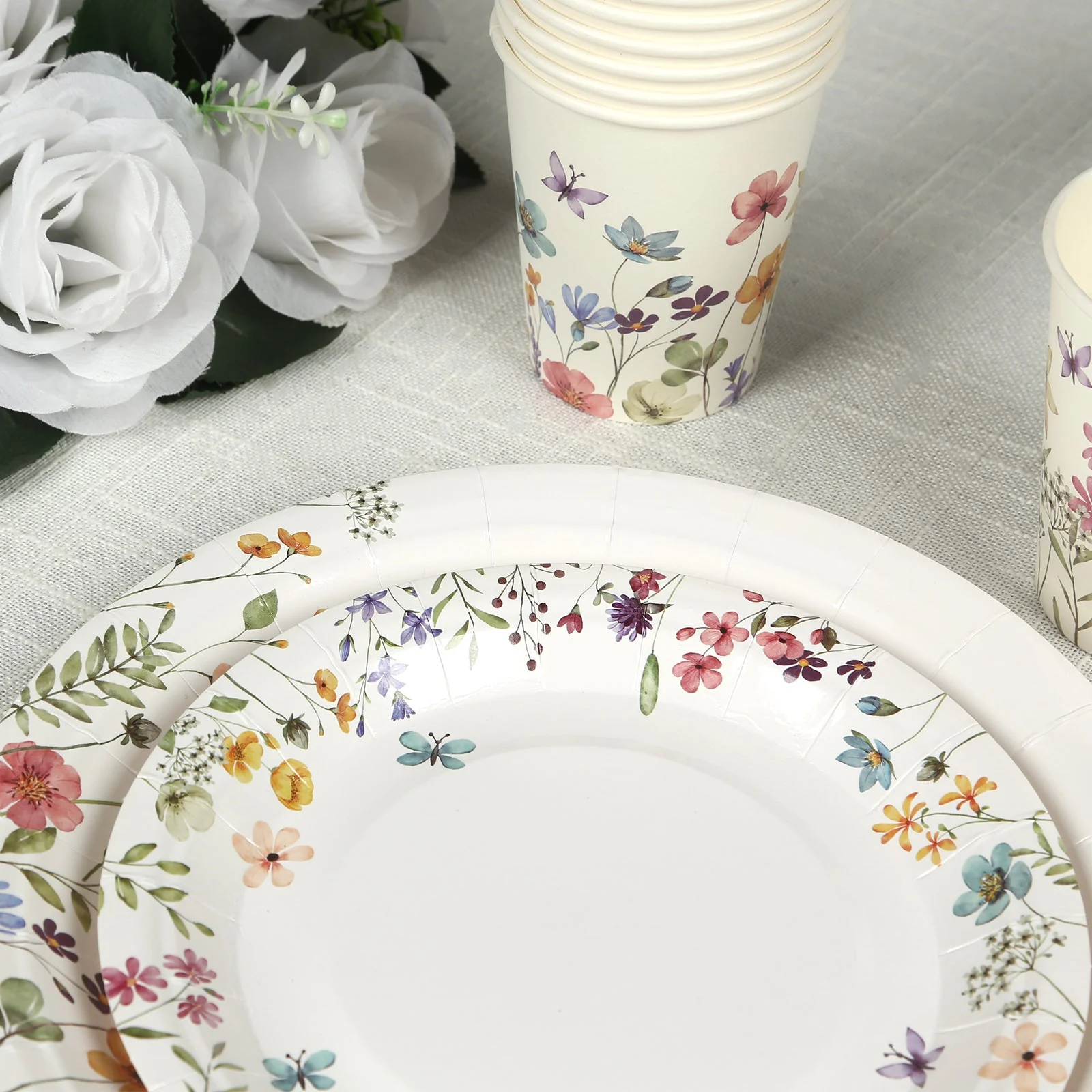 72 Pcs Paper Plates and Cups Set in White with Wildflower Butterfly Print - Disposable Party Supplies for Birthdays, Weddings & Events - Image 16
