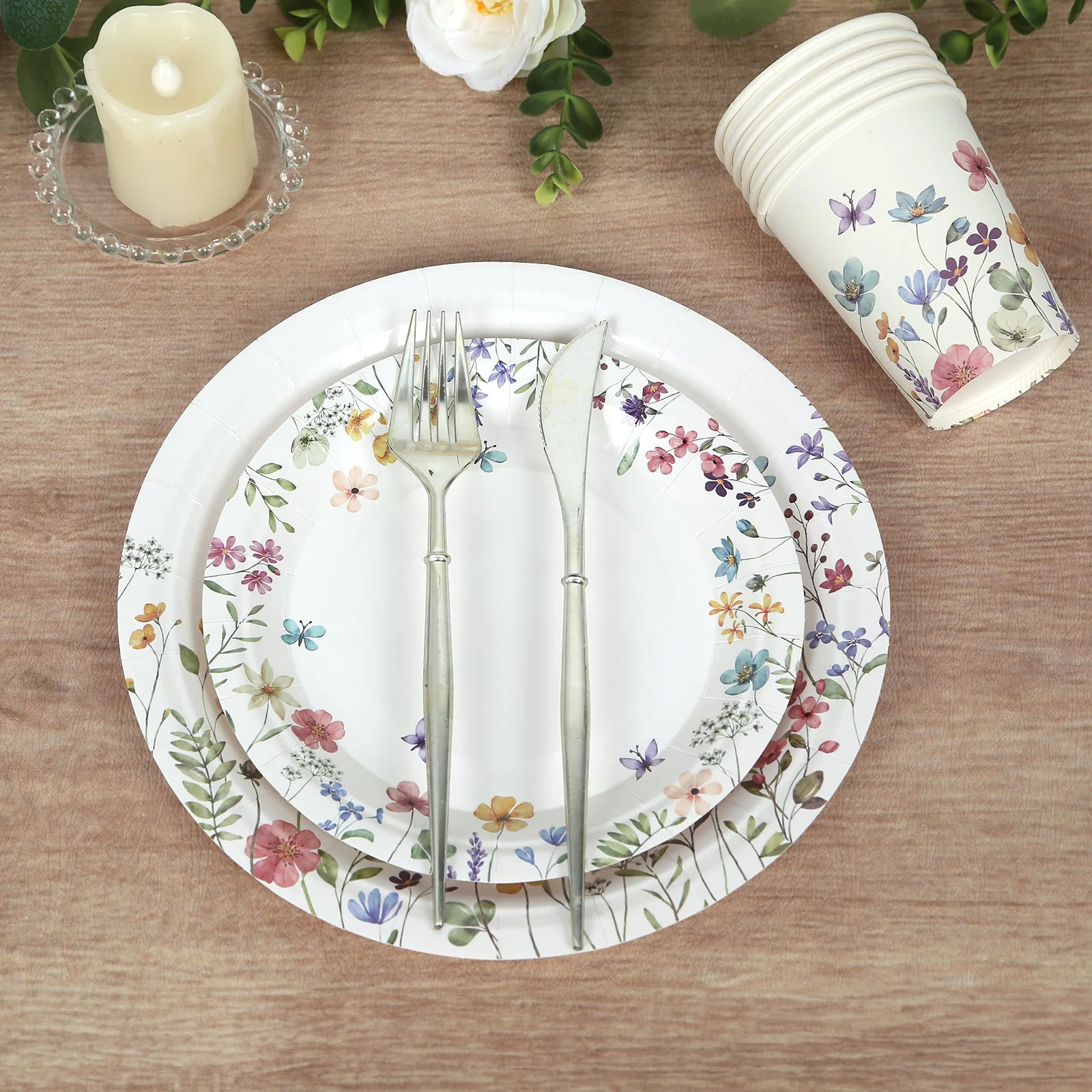 72 Pcs Paper Plates and Cups Set in White with Wildflower Butterfly Print - Disposable Party Supplies for Birthdays, Weddings & Events - Image 3