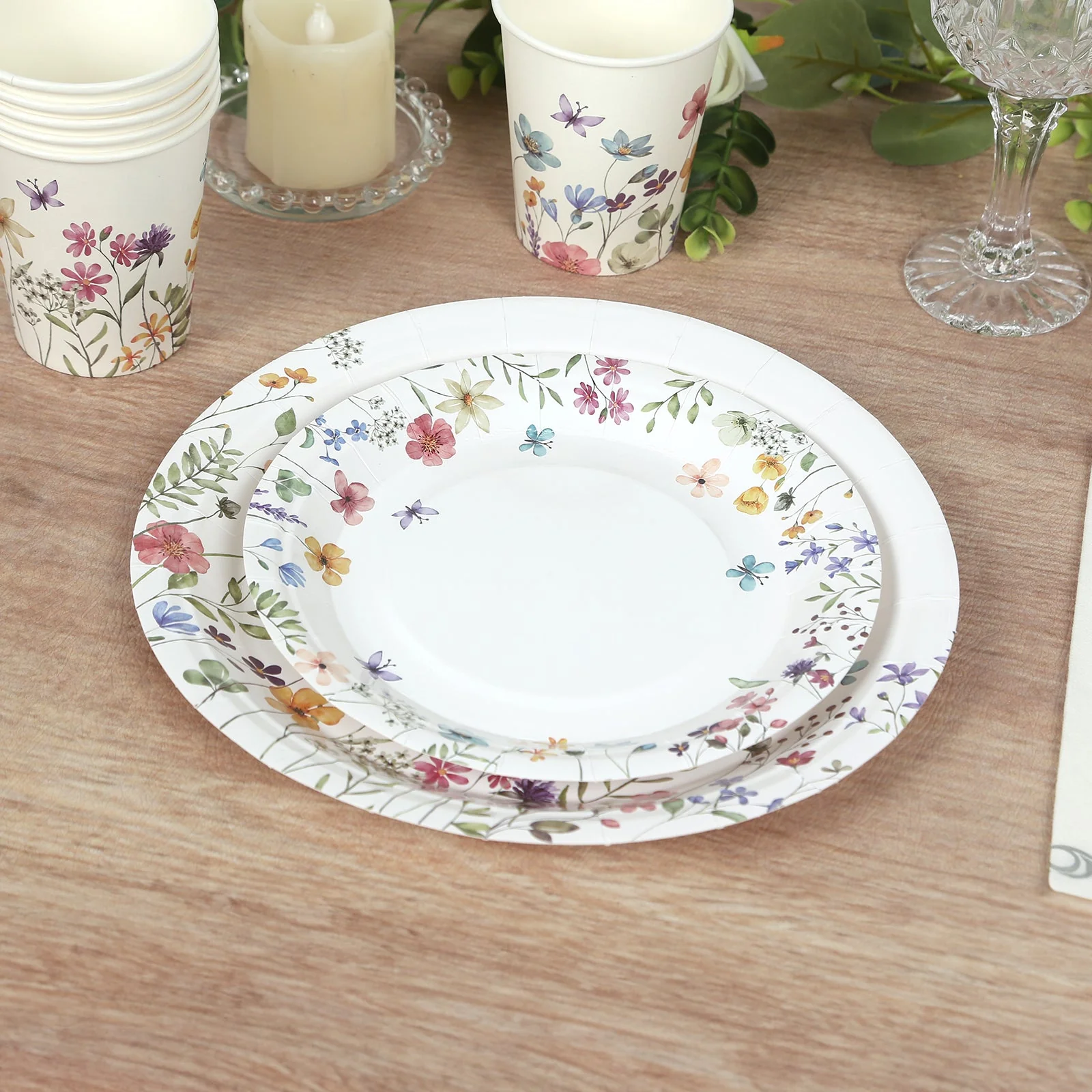 72 Pcs Paper Plates and Cups Set in White with Wildflower Butterfly Print - Disposable Party Supplies for Birthdays, Weddings & Events - Image 8