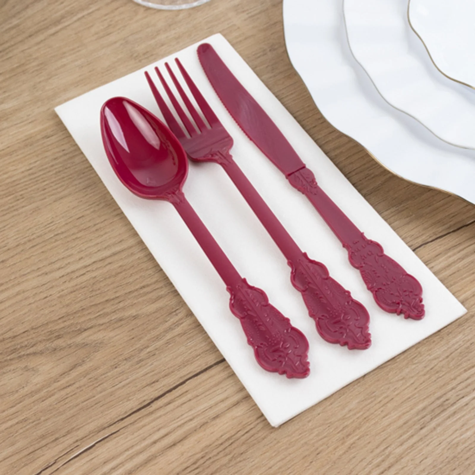 72 Pcs Plastic Silverware Set Burgundy in Baroque Style - Heavy Duty Disposable Knife, Fork, and Spoon Set - Image 9