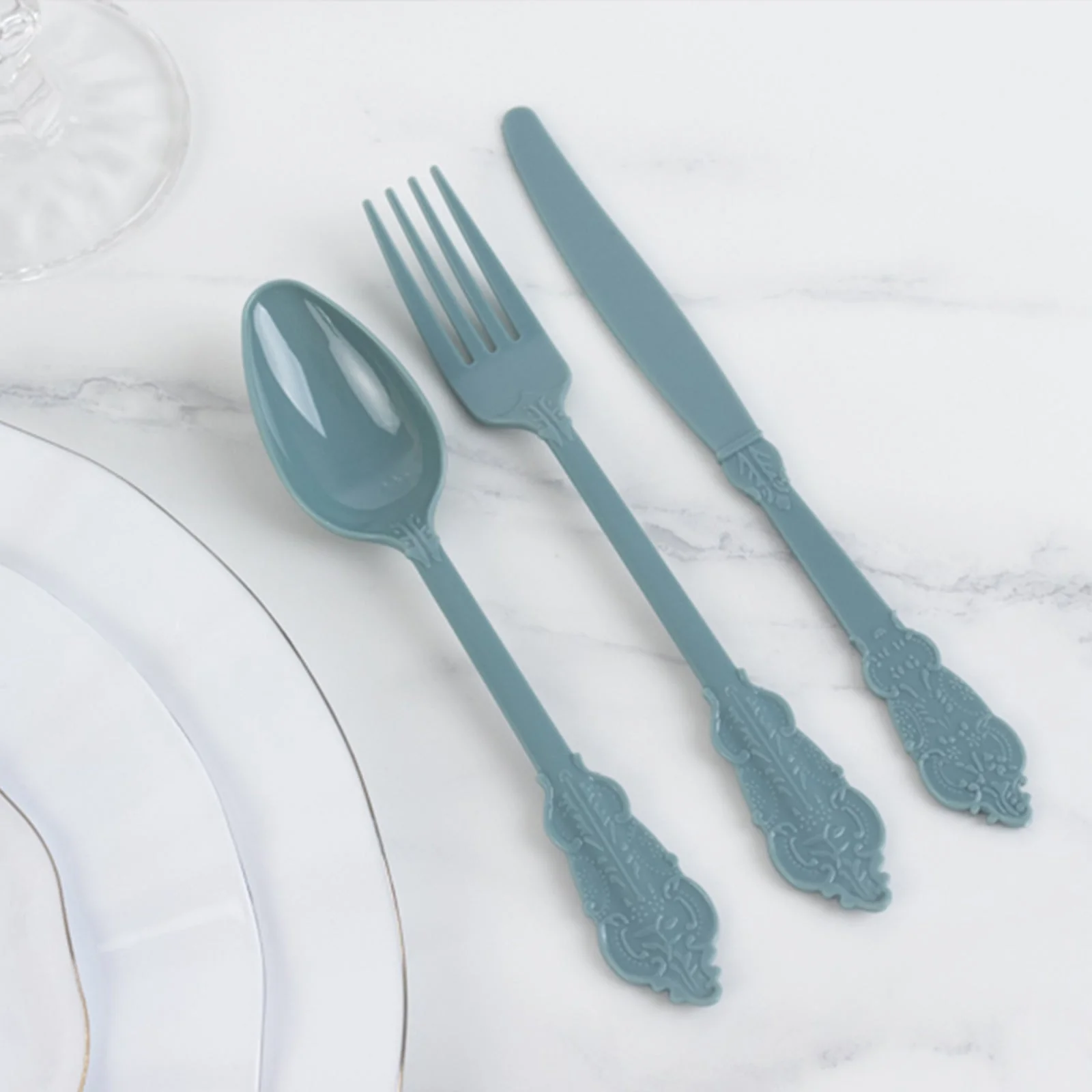 72 Pcs Plastic Silverware Set Dusty Blue in Baroque Style - Heavy Duty Disposable Knife, Fork, and Spoon Set - Image 10