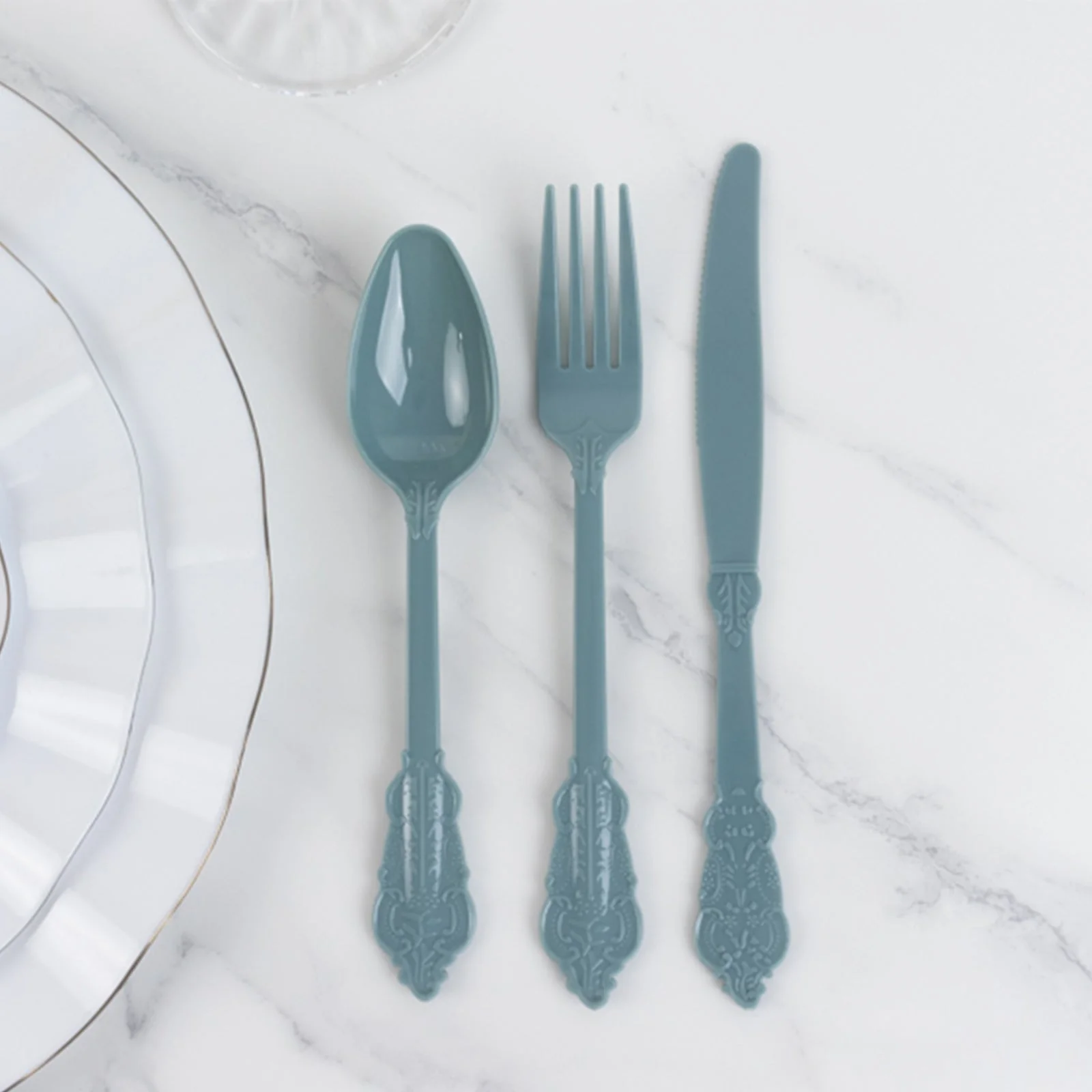 72 Pcs Plastic Silverware Set Dusty Blue in Baroque Style - Heavy Duty Disposable Knife, Fork, and Spoon Set - Image 2