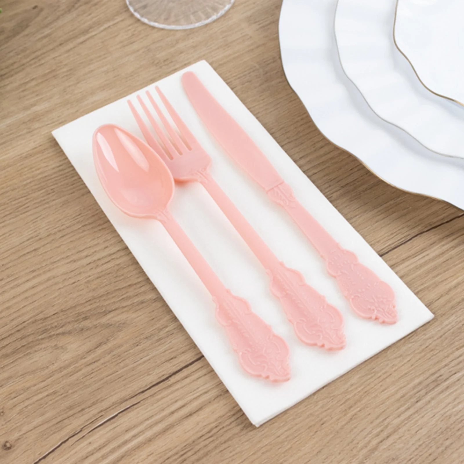 72 Pcs Plastic Silverware Set Dusty Rose in Baroque Style - Heavy Duty Disposable Knife, Fork, and Spoon Set - Image 2