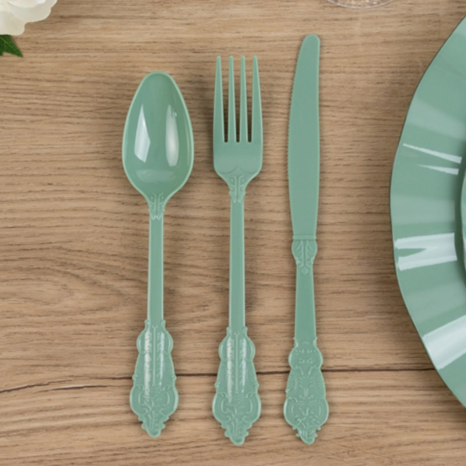 72 Pcs Plastic Silverware Set Dusty Sage Green in Baroque Style - Heavy Duty Disposable Knife, Fork, and Spoon Set