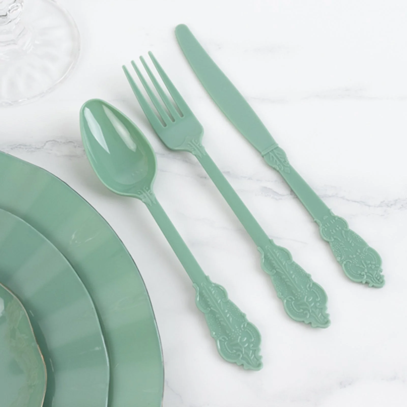 72 Pcs Plastic Silverware Set Dusty Sage Green in Baroque Style - Heavy Duty Disposable Knife, Fork, and Spoon Set - Image 10