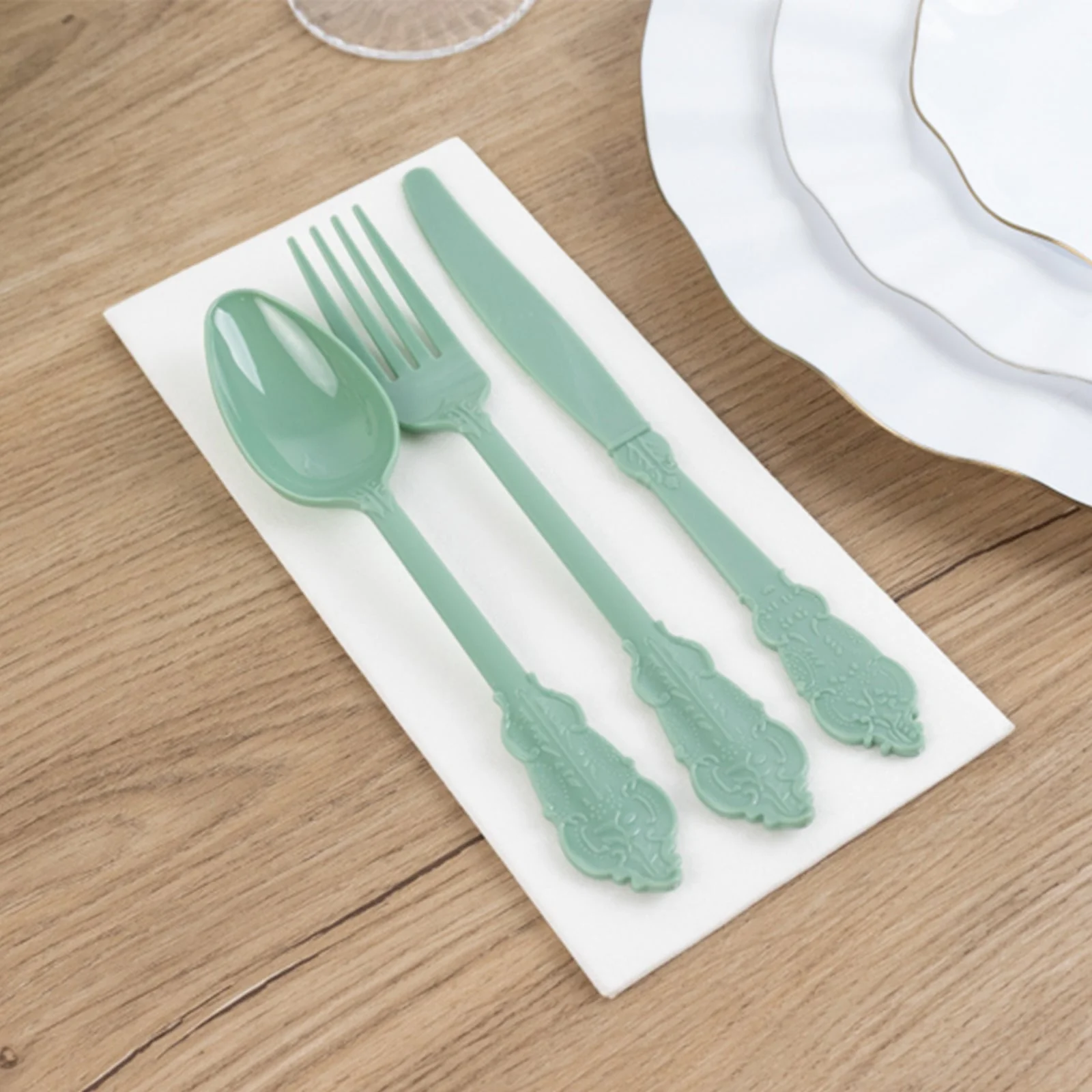 72 Pcs Plastic Silverware Set Dusty Sage Green in Baroque Style - Heavy Duty Disposable Knife, Fork, and Spoon Set - Image 2